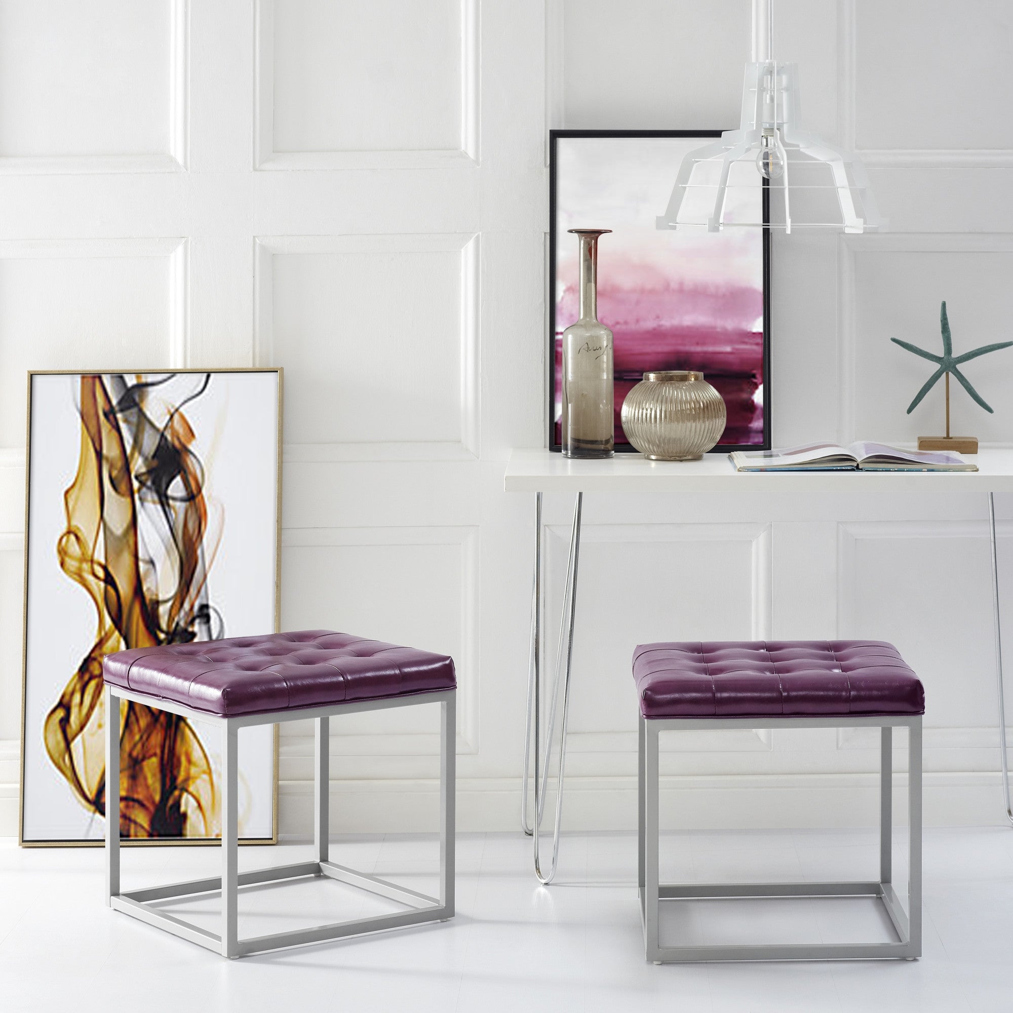 18" Deep Purple Faux Leather And Silver Cube Ottoman