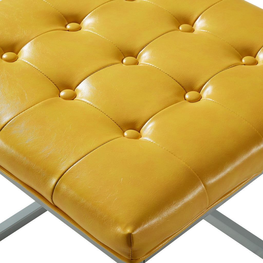 18" Golden Yellow Faux Leather And Silver Cube Ottoman