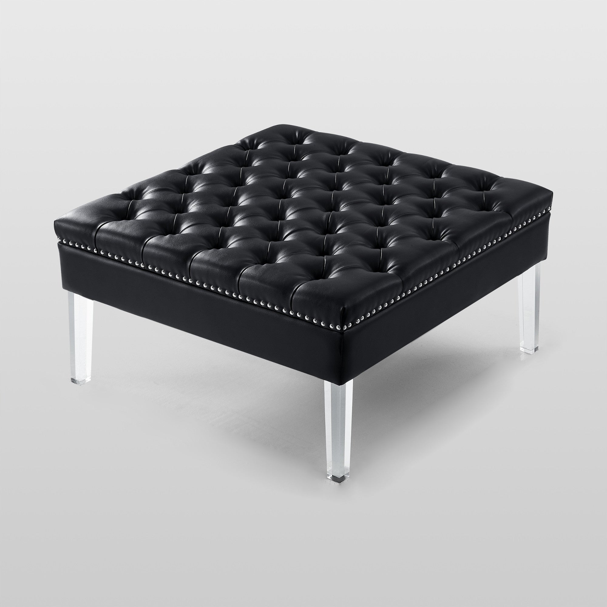 Black Faux Leather And Clear Cocktail Ottoman 35"