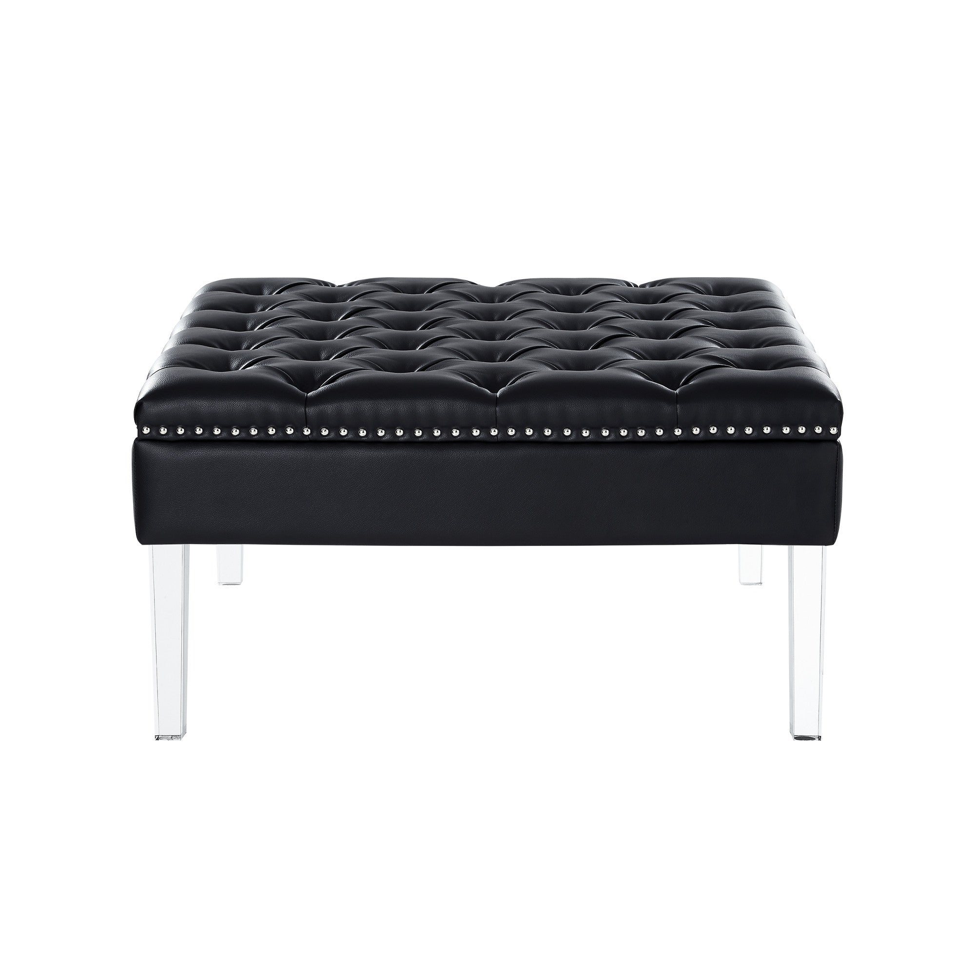 Black Faux Leather And Clear Cocktail Ottoman 35"