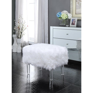 19" White Glam Faux Fur And Clear Ottoman