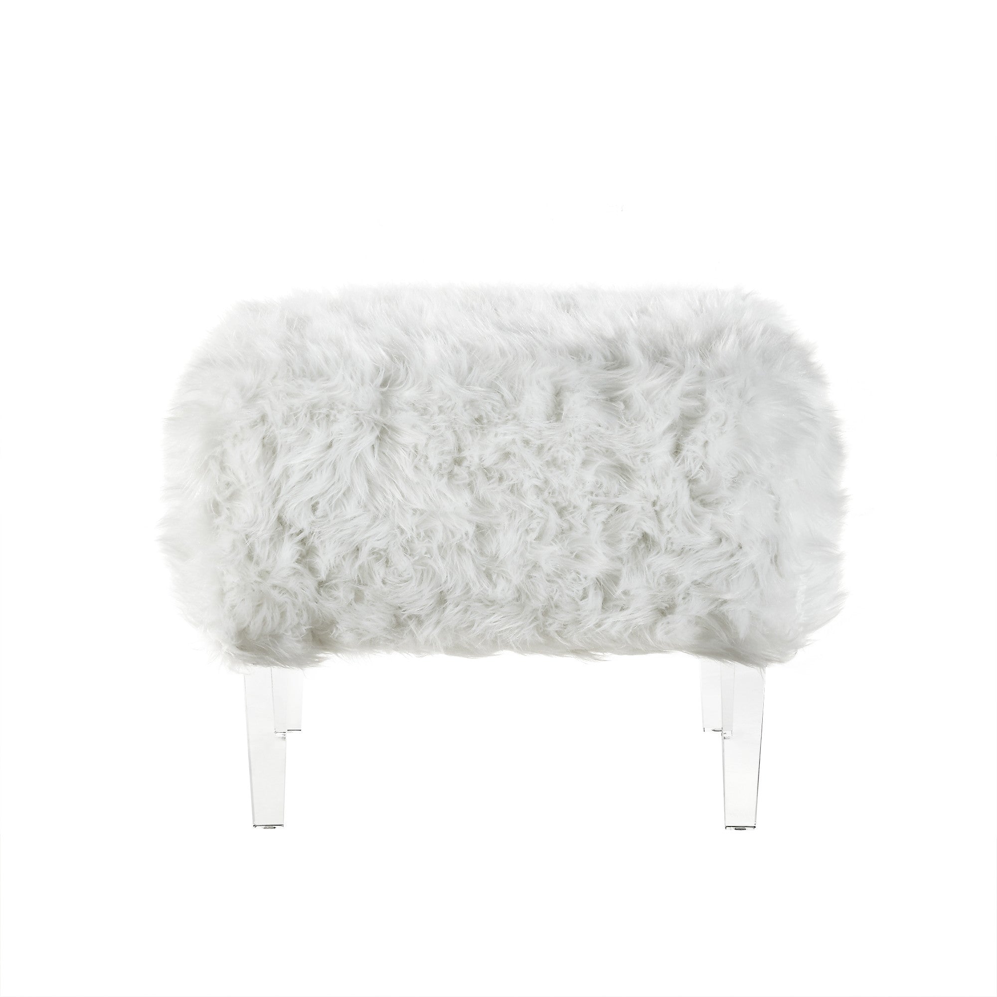 19" White Glam Faux Fur And Clear Ottoman