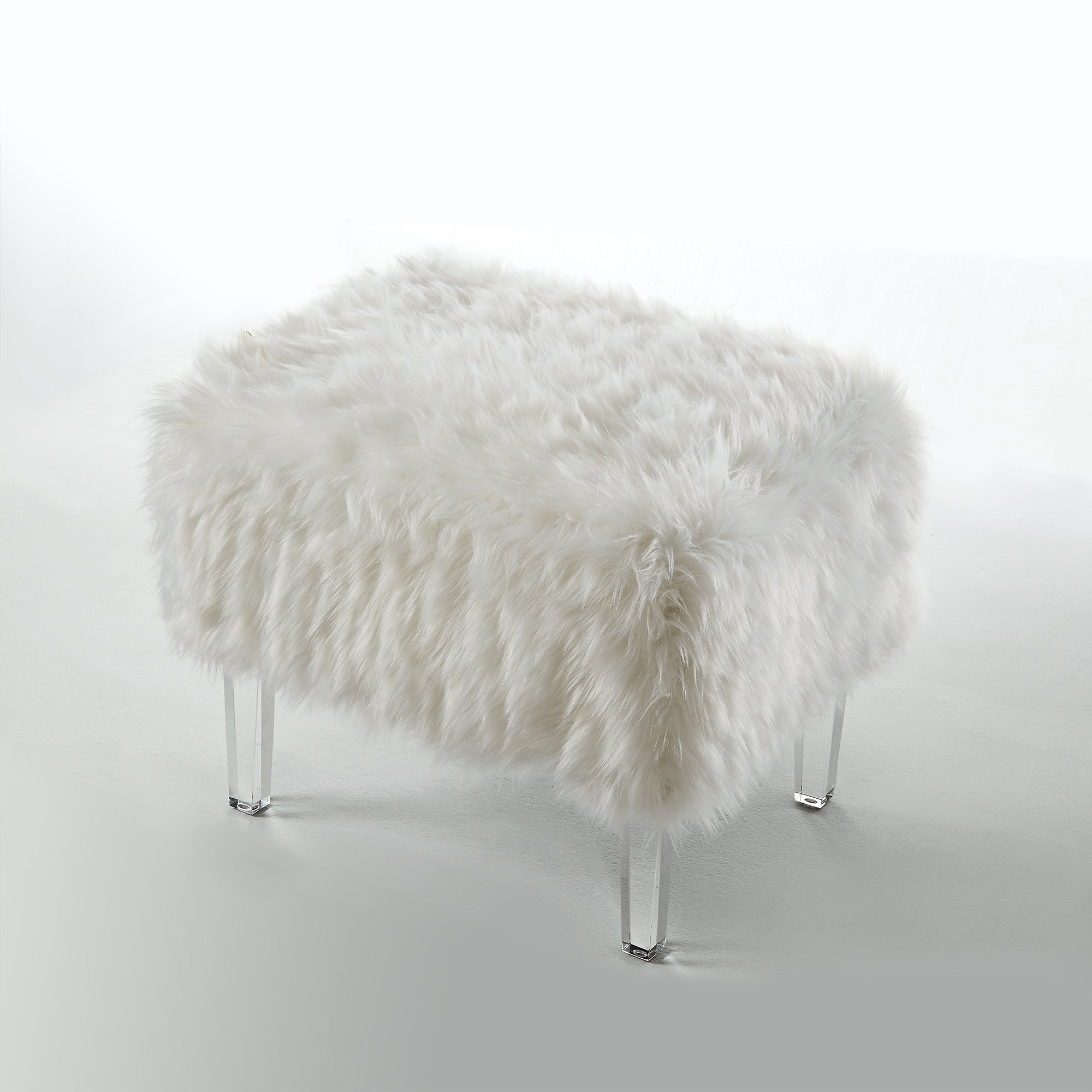 19" White Glam Faux Fur And Clear Ottoman