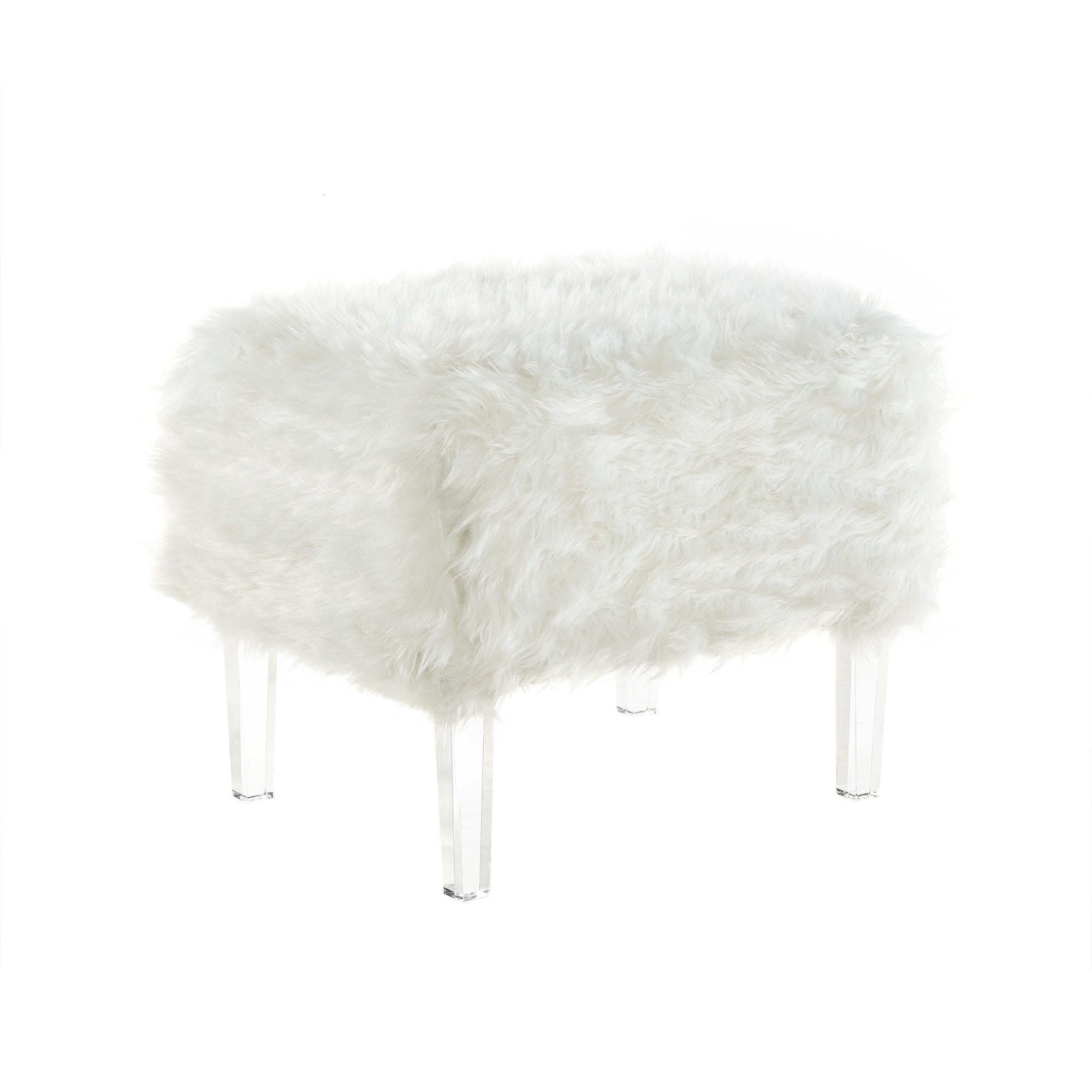 19" White Glam Faux Fur And Clear Ottoman