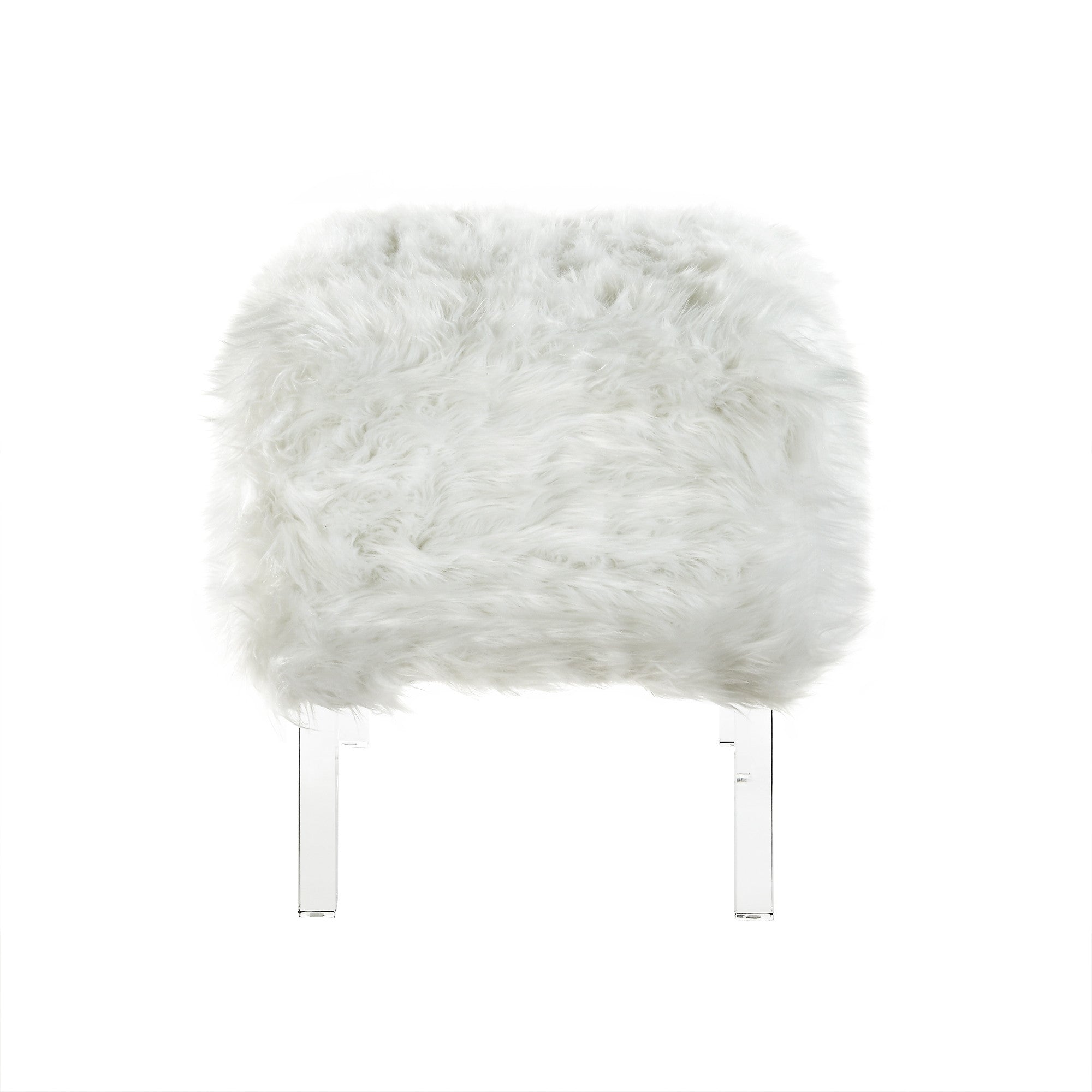 19" White Glam Faux Fur And Clear Ottoman