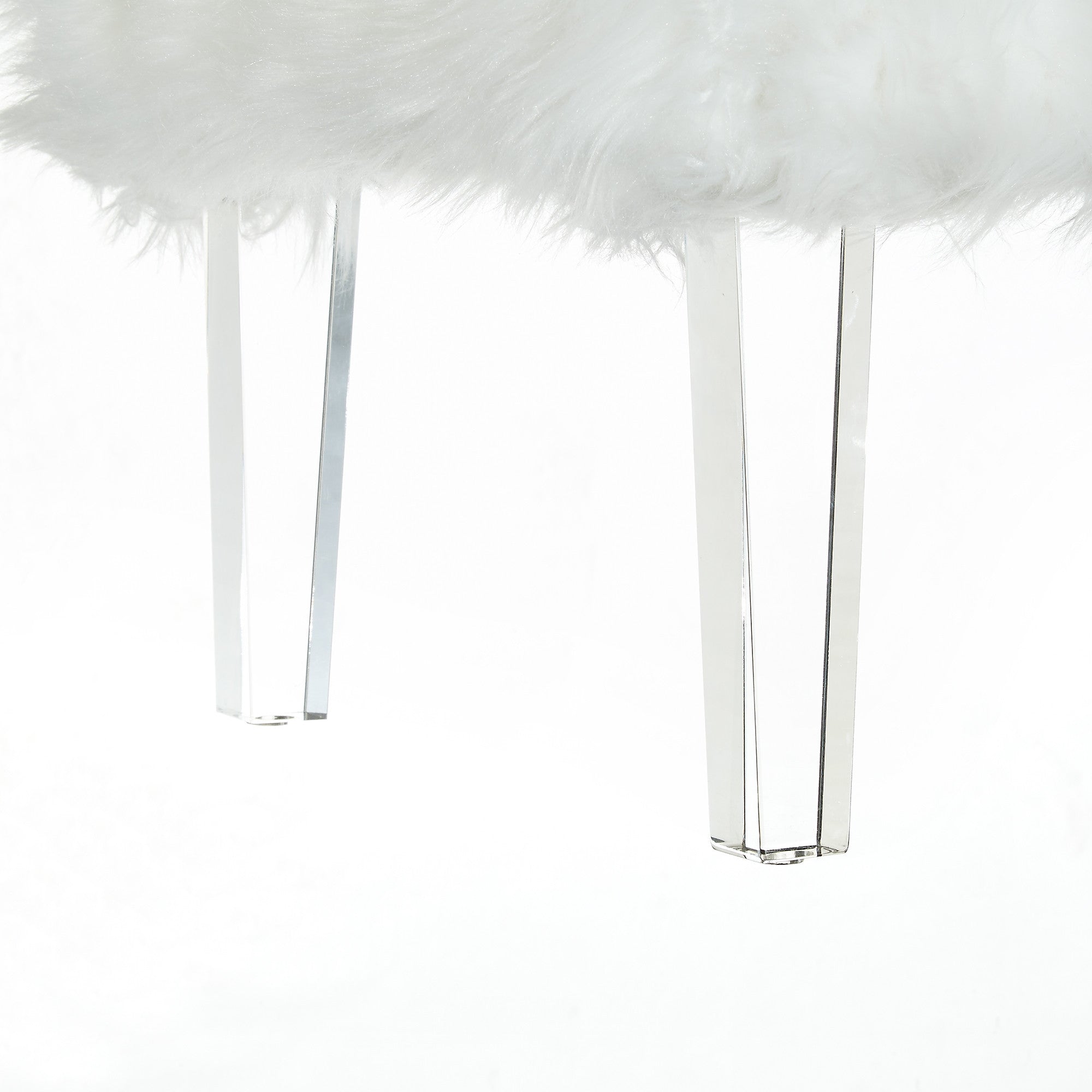 19" White Glam Faux Fur And Clear Ottoman