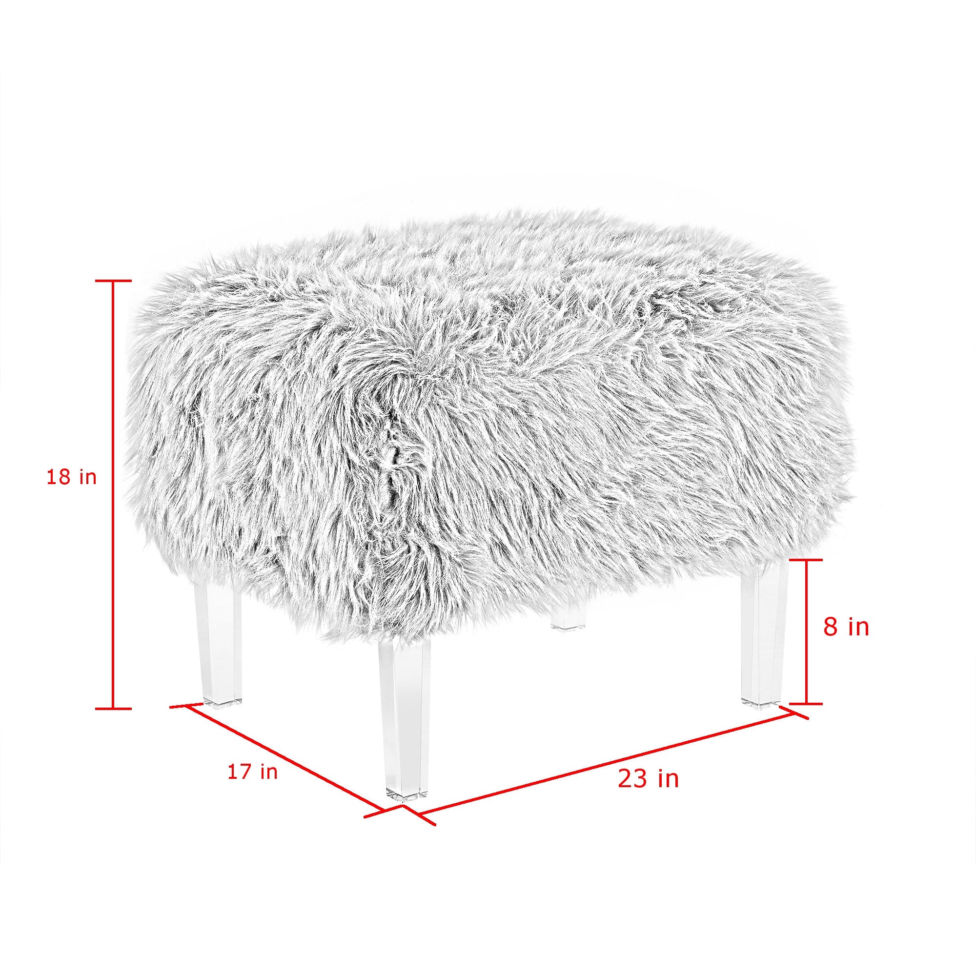 19" White Glam Faux Fur And Clear Ottoman
