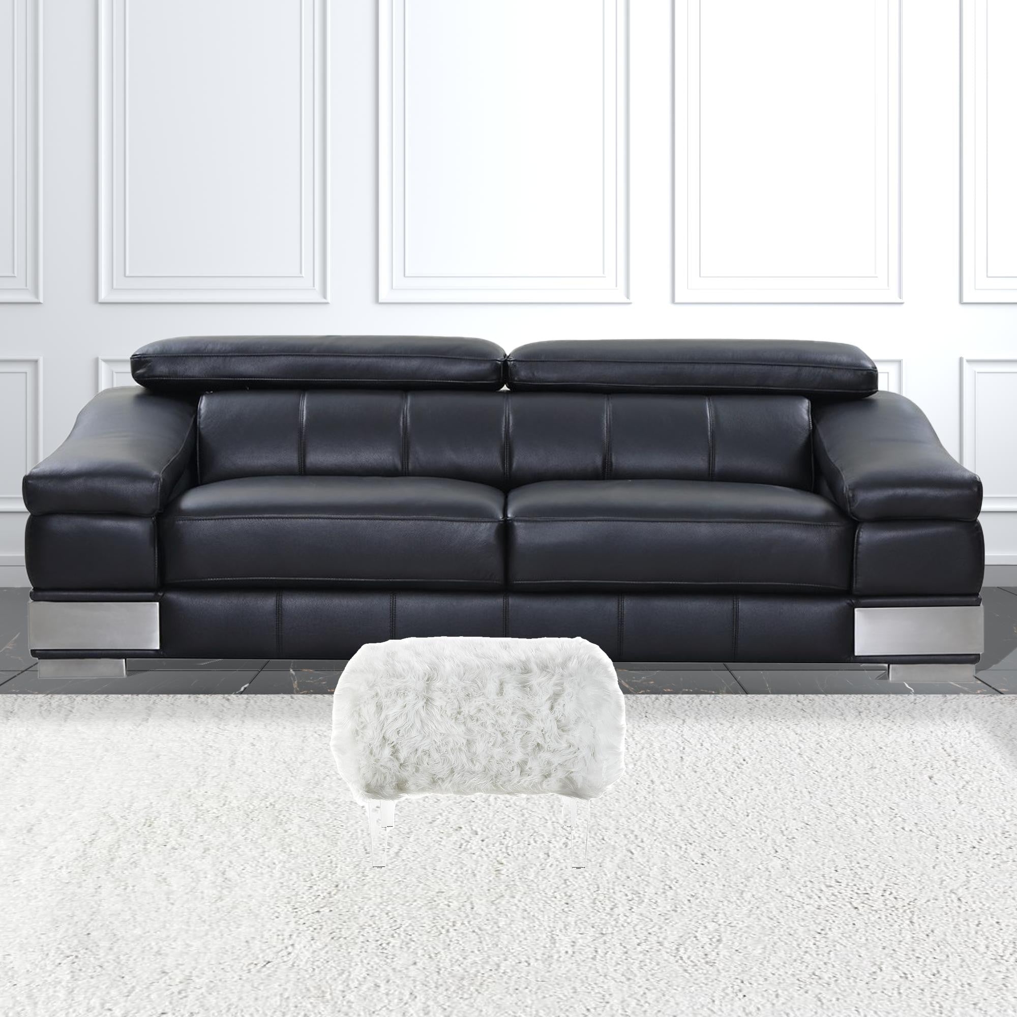 19" White Glam Faux Fur And Clear Ottoman