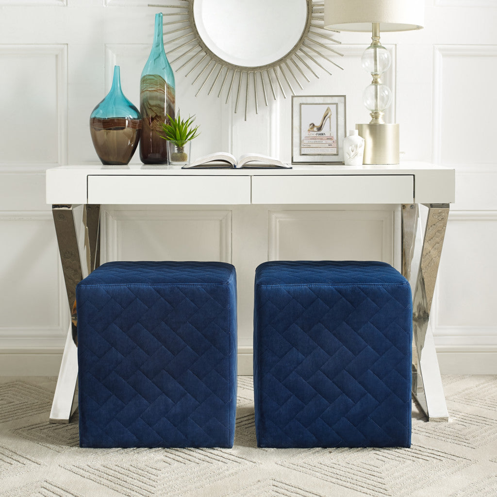 17" Navy Velvet Quilted Cube Ottoman