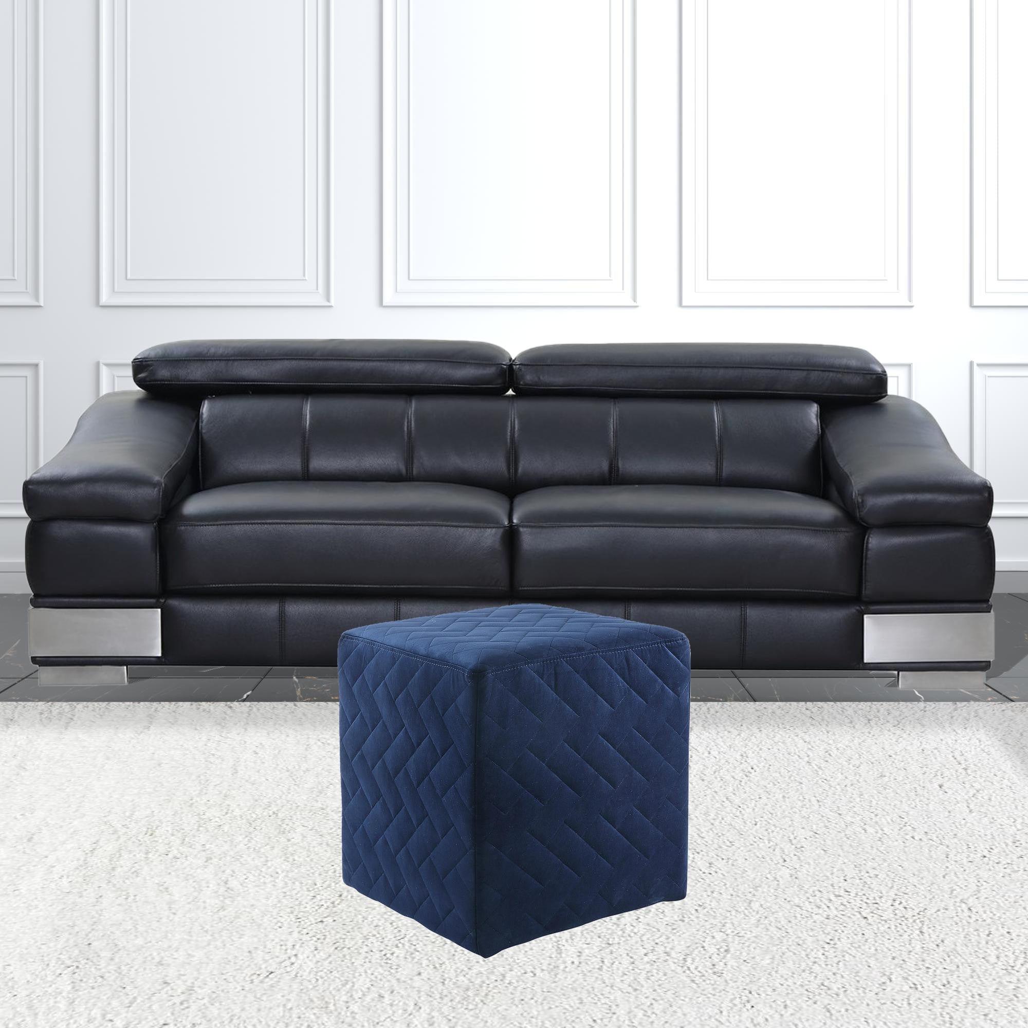 17" Navy Velvet Quilted Cube Ottoman