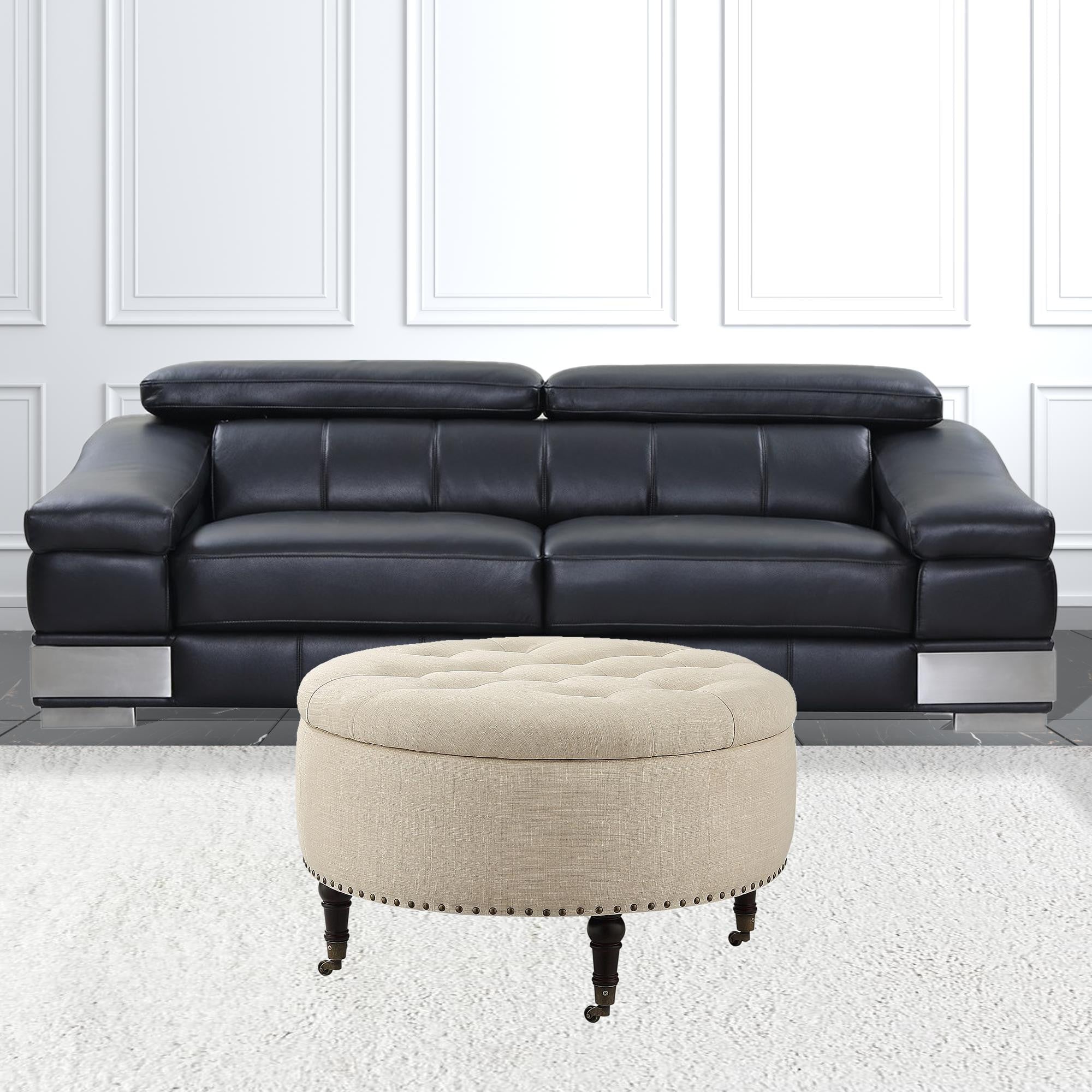 32" beige 100% lino con otomana de almacenamiento redonda capitoné con ruedas