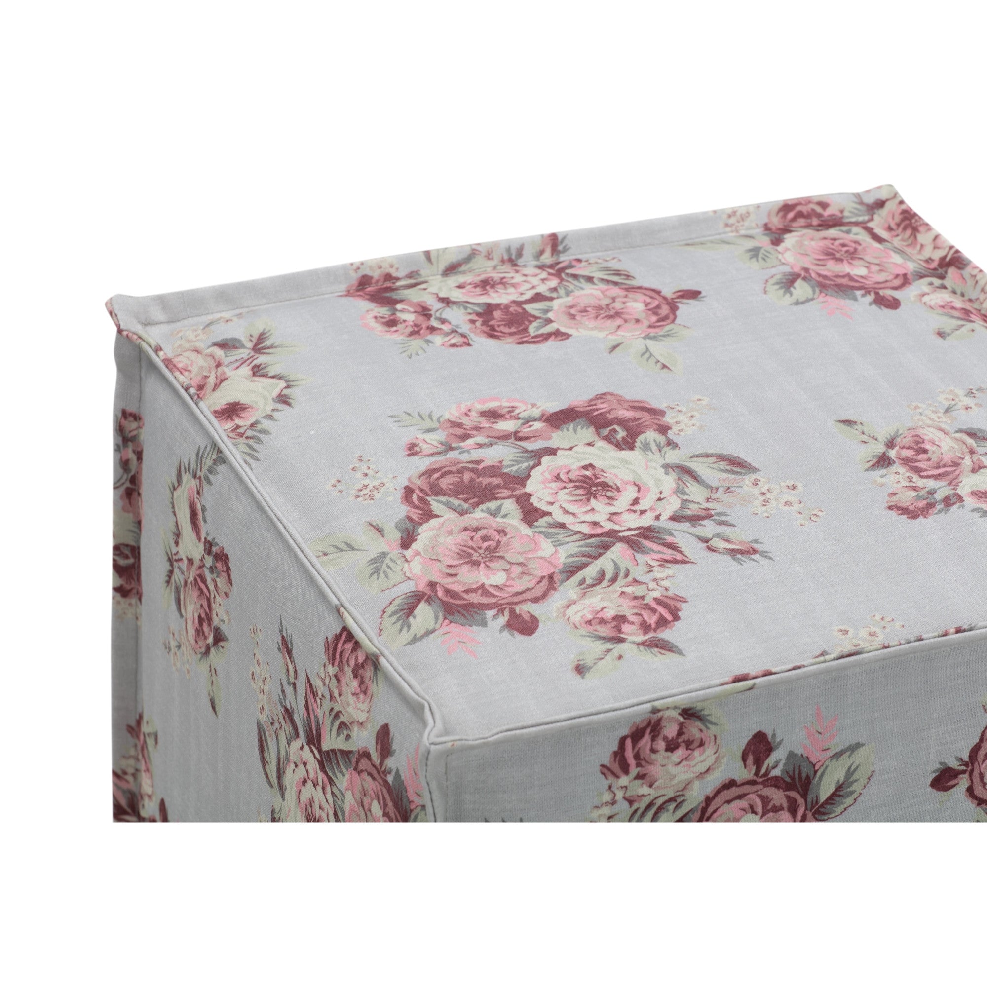 18" Pale Blue and Pink 100% Linen Floral Ottoman