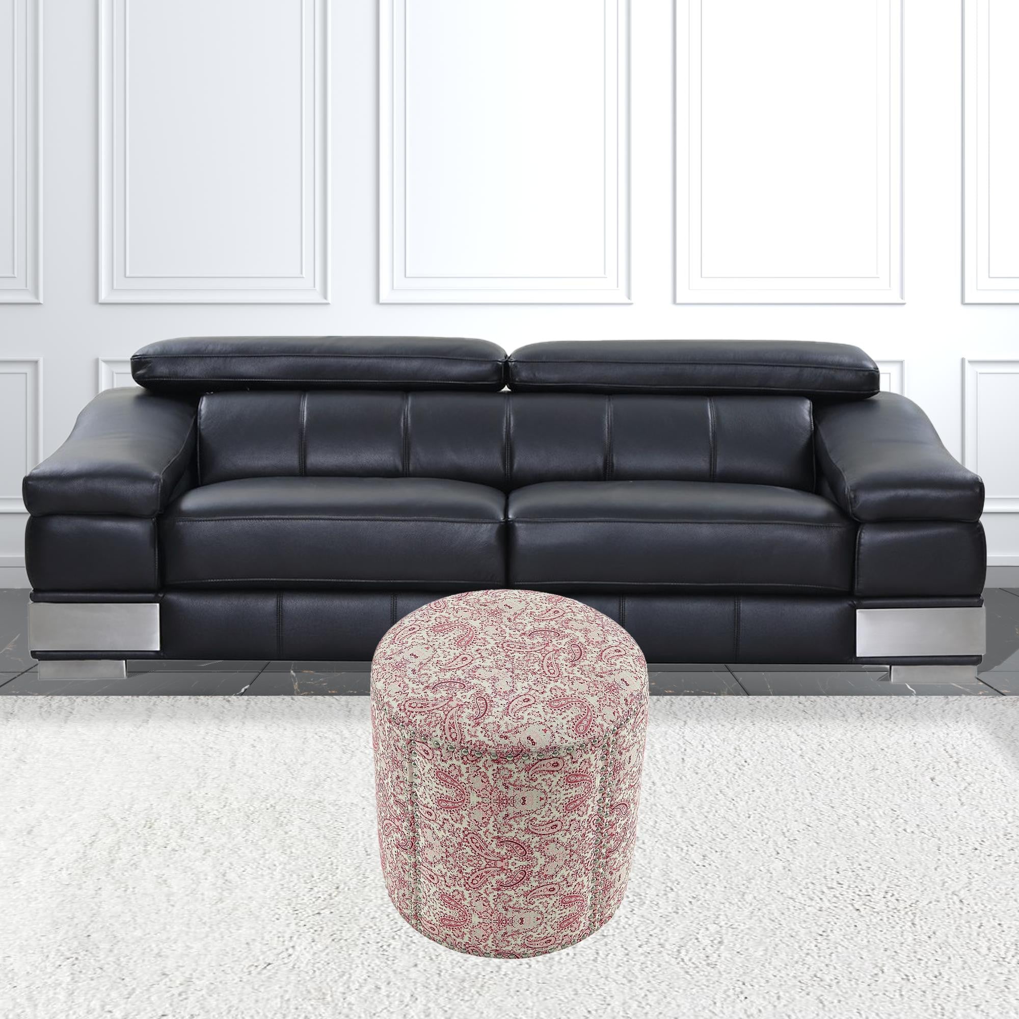 Otomana floral redonda de 100 % lino rojo Paisley de 18"