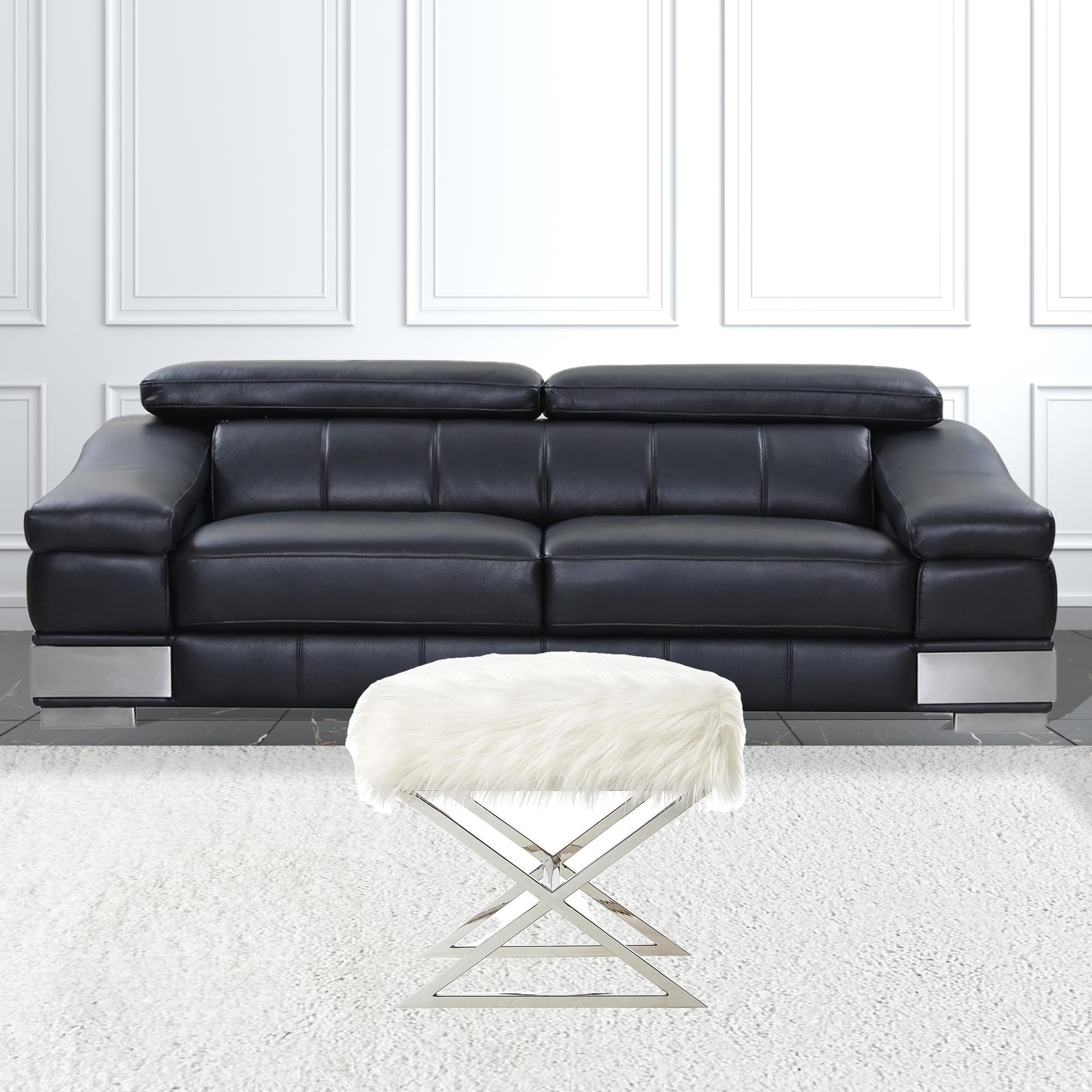 Piel sintética blanca de 18" con otomana plateada