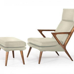 26" Beige Faux Leather And Walnut Lounge Chair With Ottoman