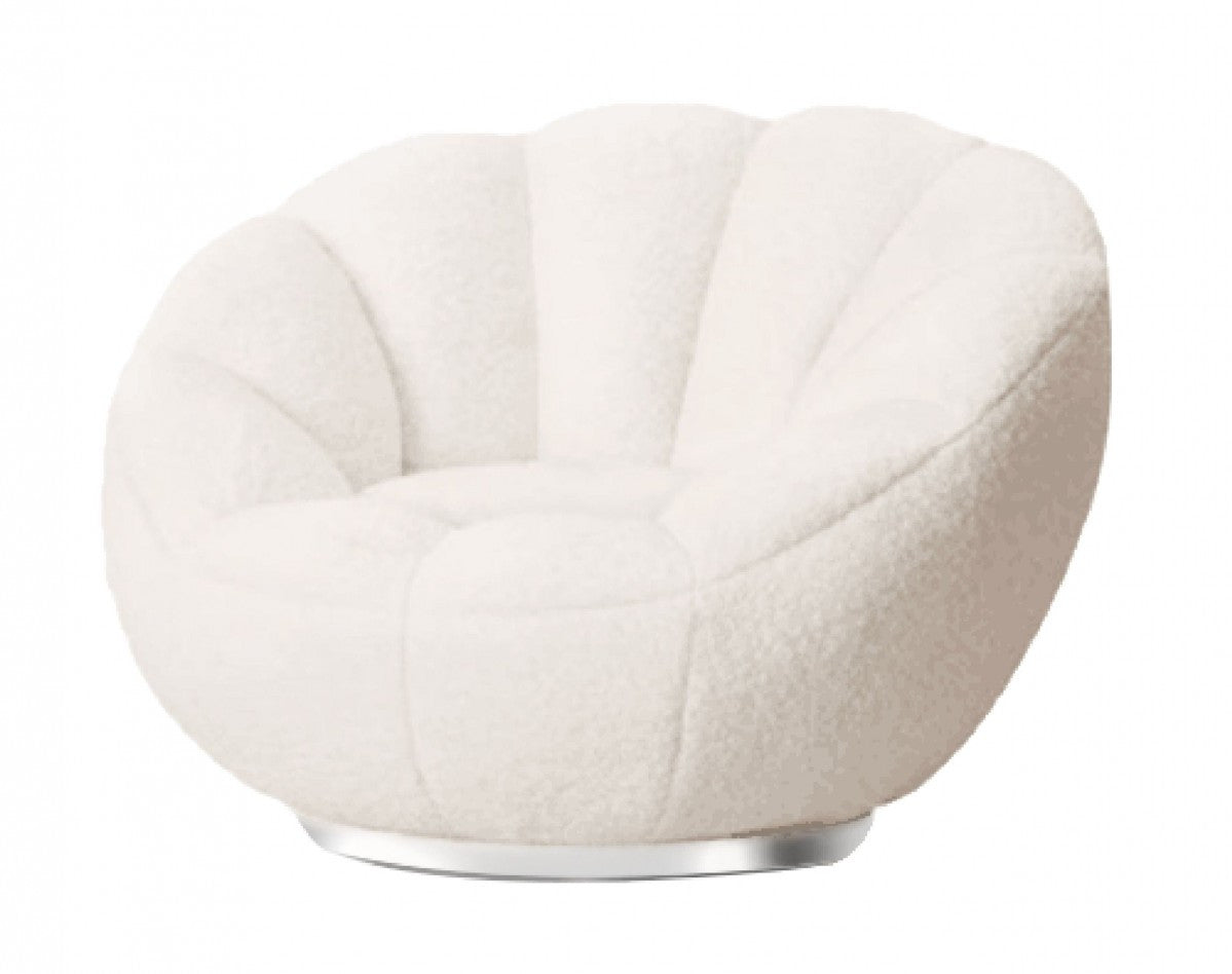 24" White Sherpa And Silver Clamshell Swivel Barrel Chair