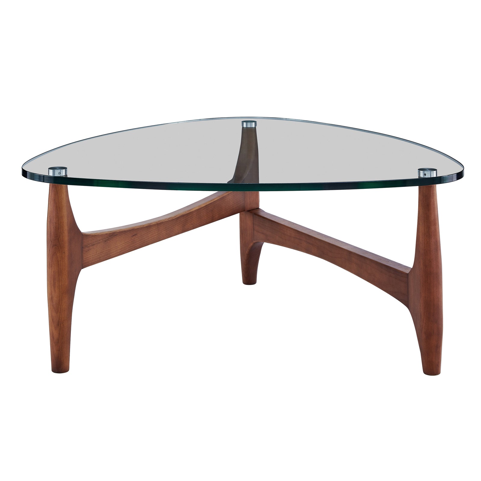 38" Walnut And Clear Glass Triangle Coffee Table
