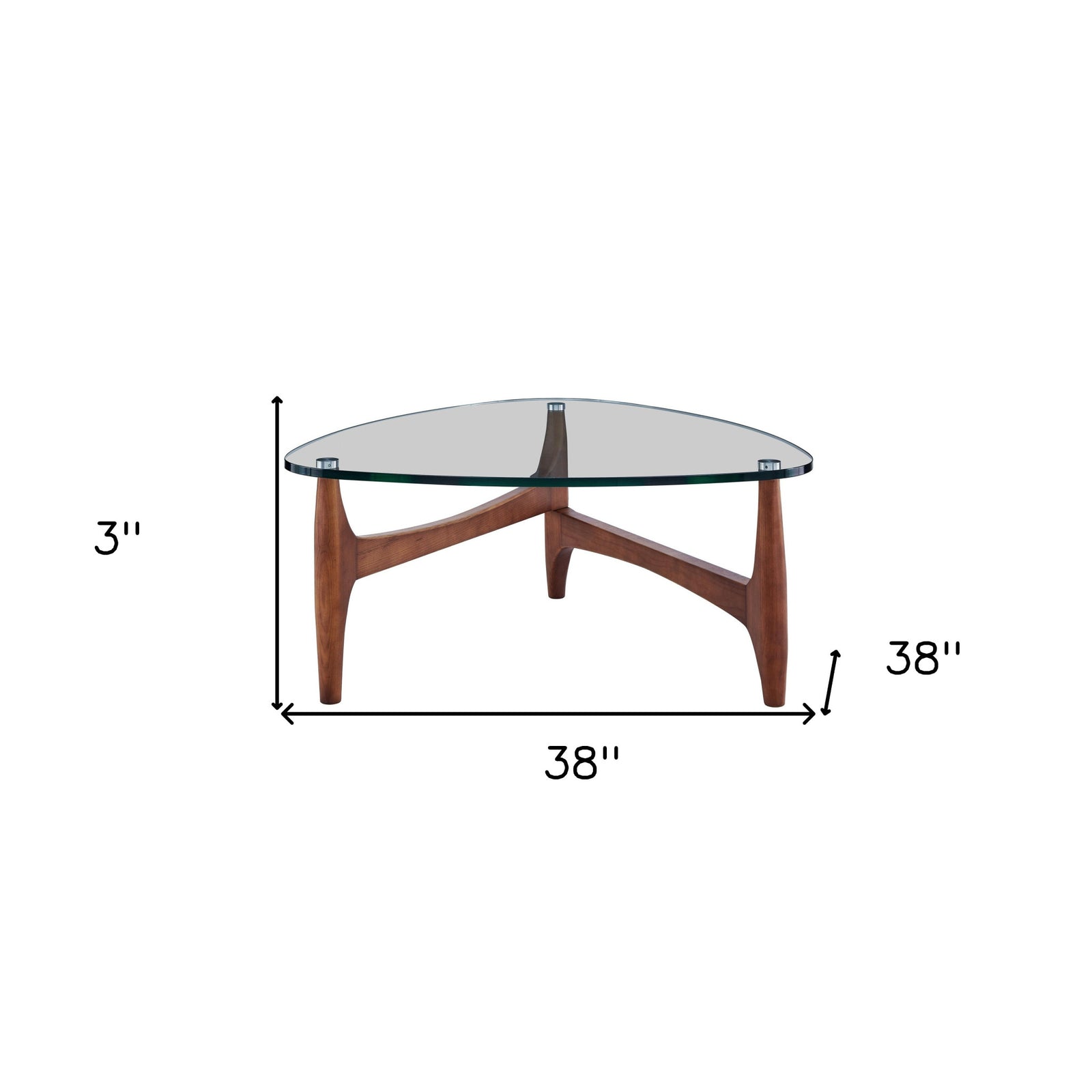 38" Walnut And Clear Glass Triangle Coffee Table