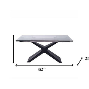 63" Glass and Black Extendable Rectangular Dining Table With X Metal Base