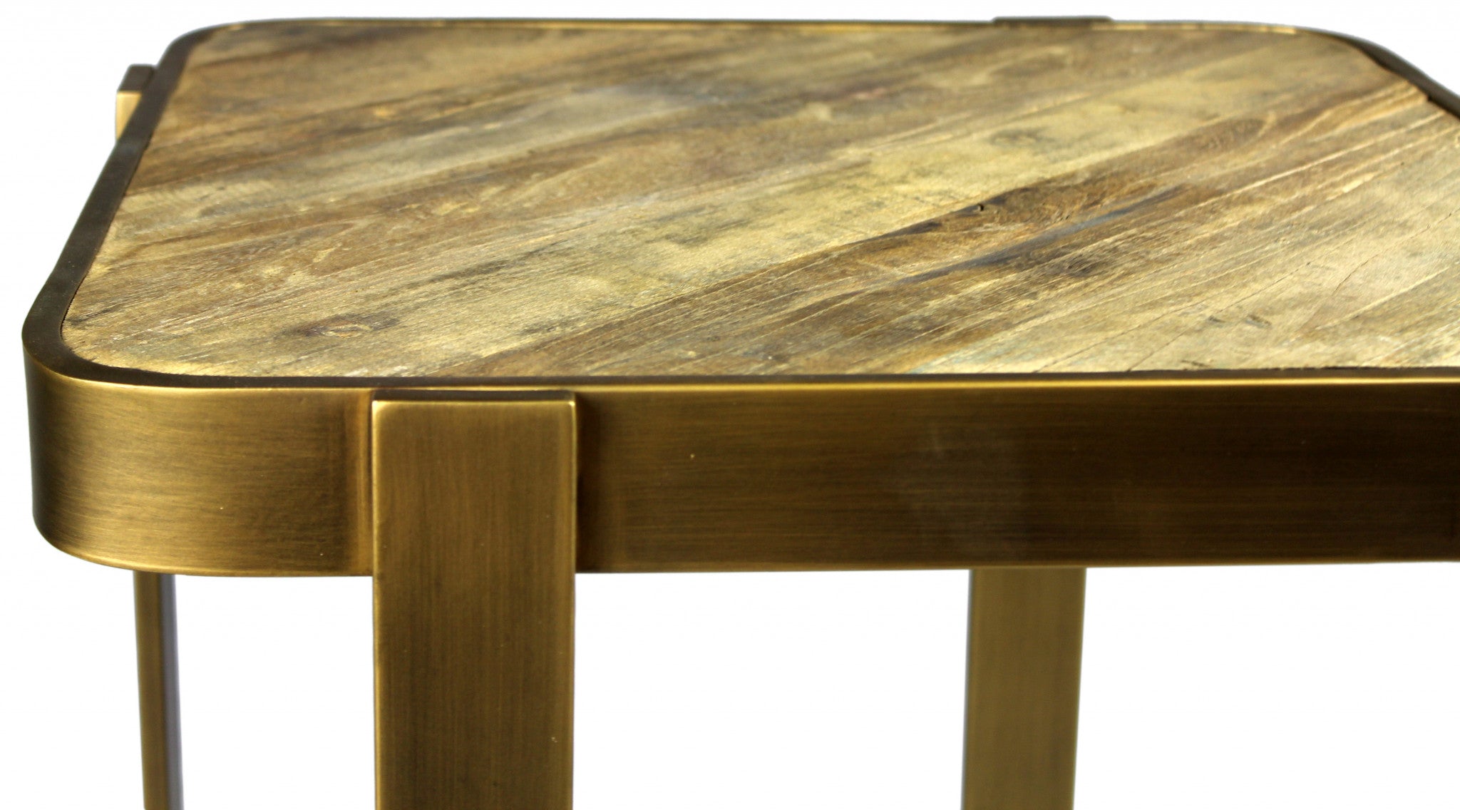 24" Brass And Brown Solid Wood And Iron Square End Table