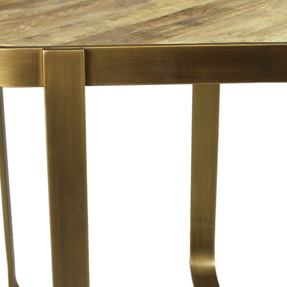 24" Brass And Brown Solid Wood And Iron Square End Table