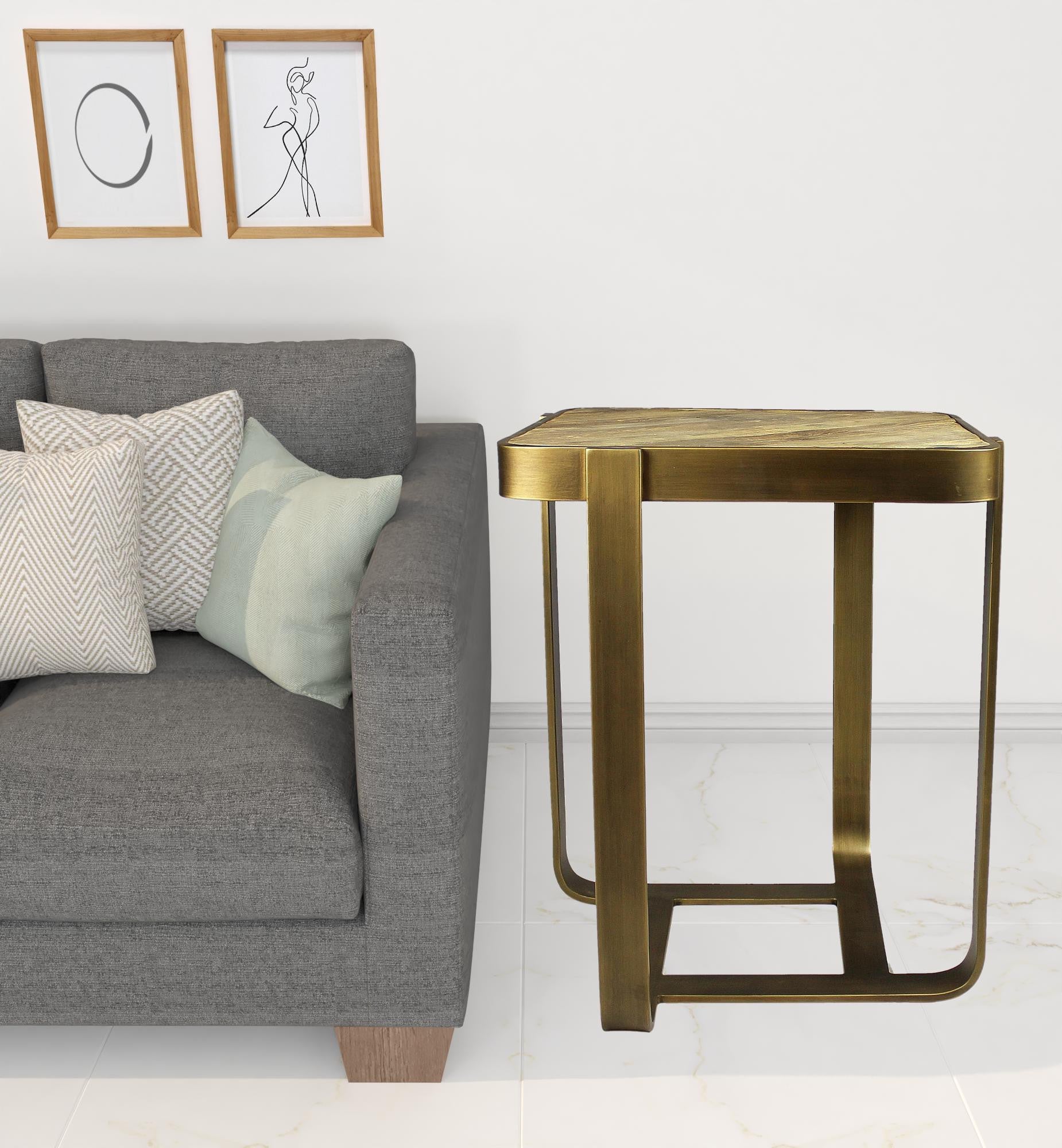24" Brass And Brown Solid Wood And Iron Square End Table