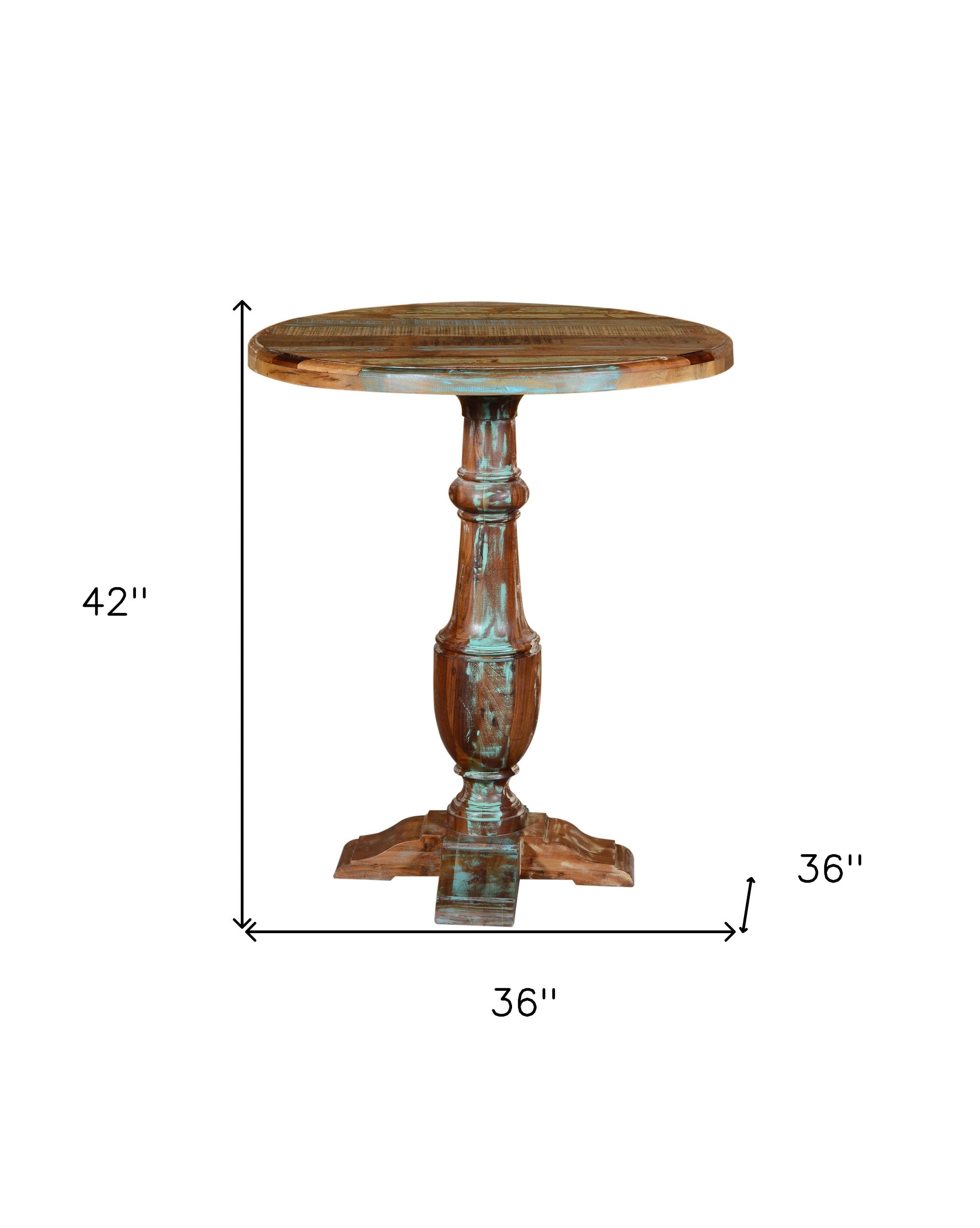 Brown and Patina Distressed Wood Round Pedestal High Top Table 36"