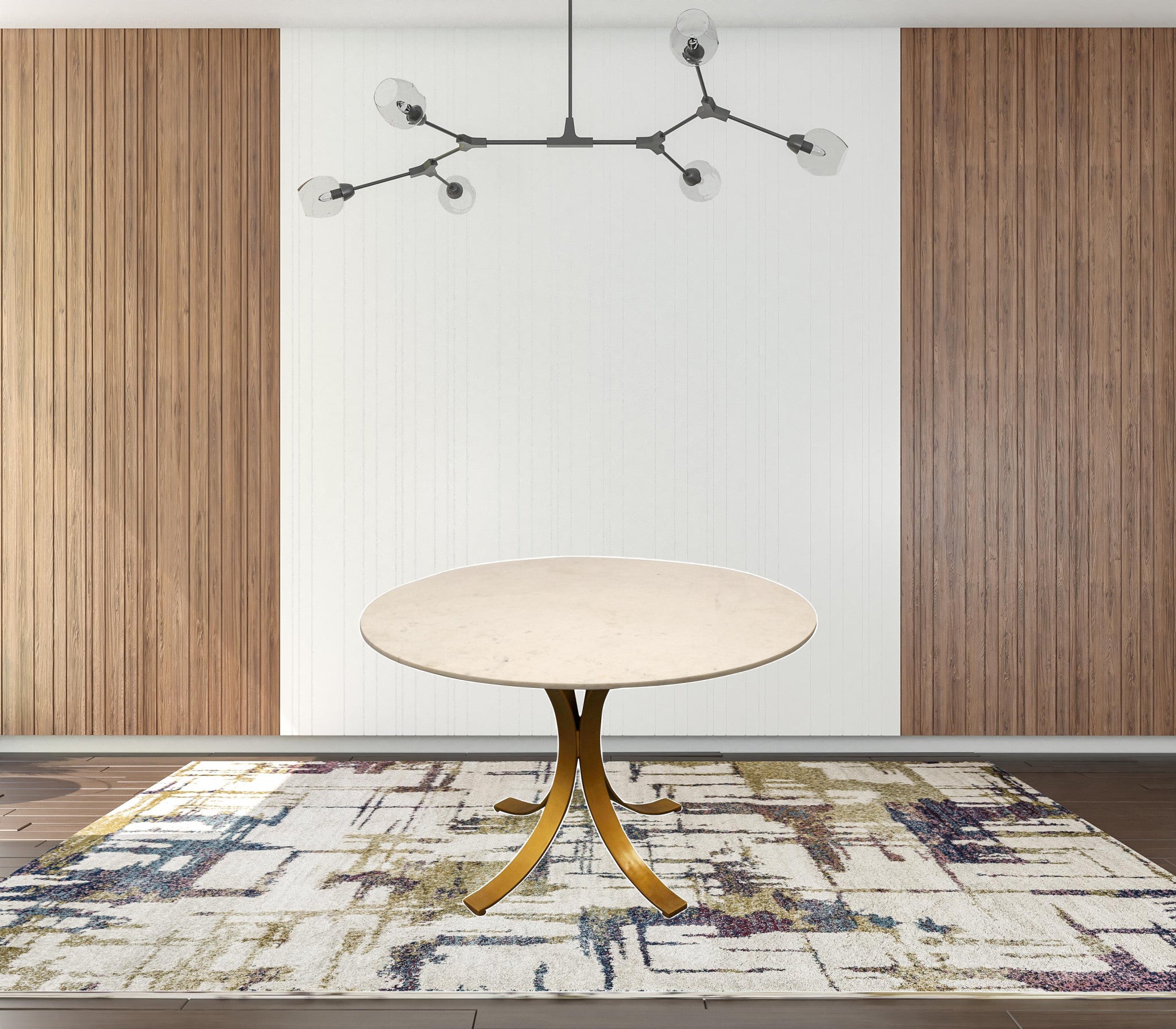 48" Ivory And Brass Rounded Marble And Iron Dining Table