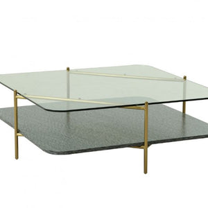 43" Gold And Clear Glass Square Coffee Table With Shelf