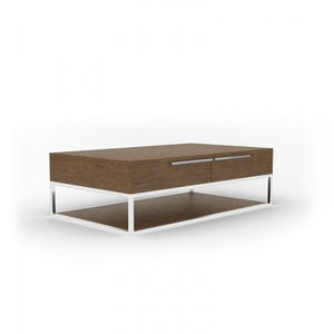 47" Silver And Walnut Rectangular Coffee Table With Two Drawers And Shelf