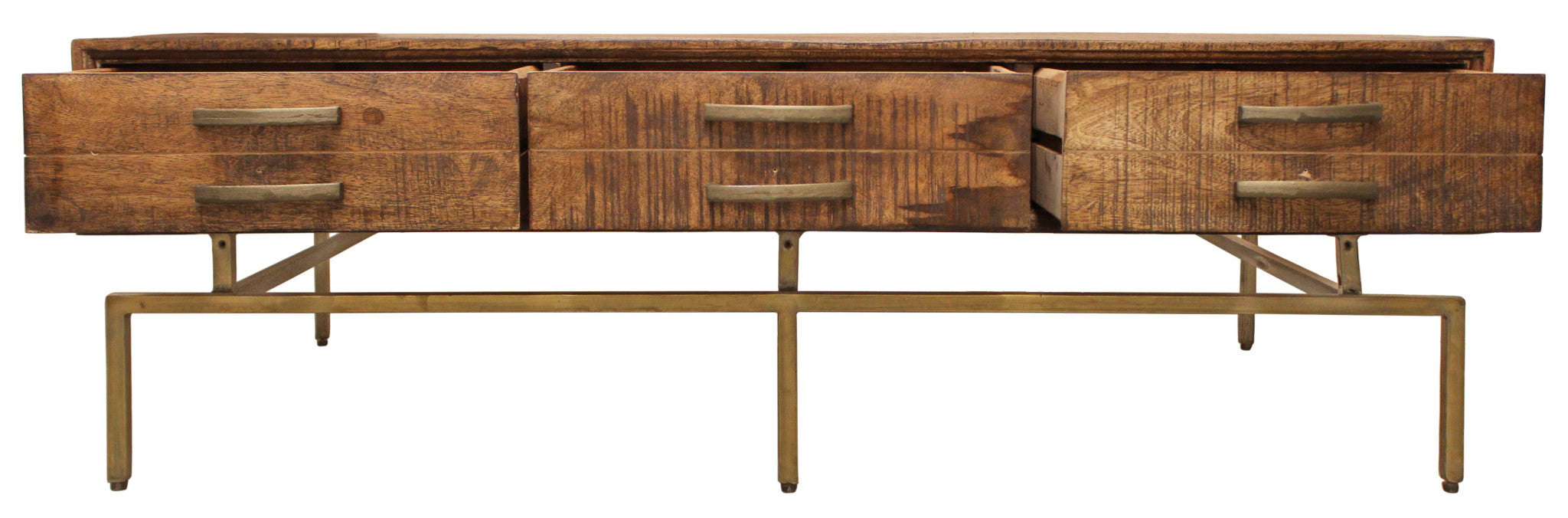 56 英寸黃銅和棕色實木矩形仿舊儲物咖啡桌