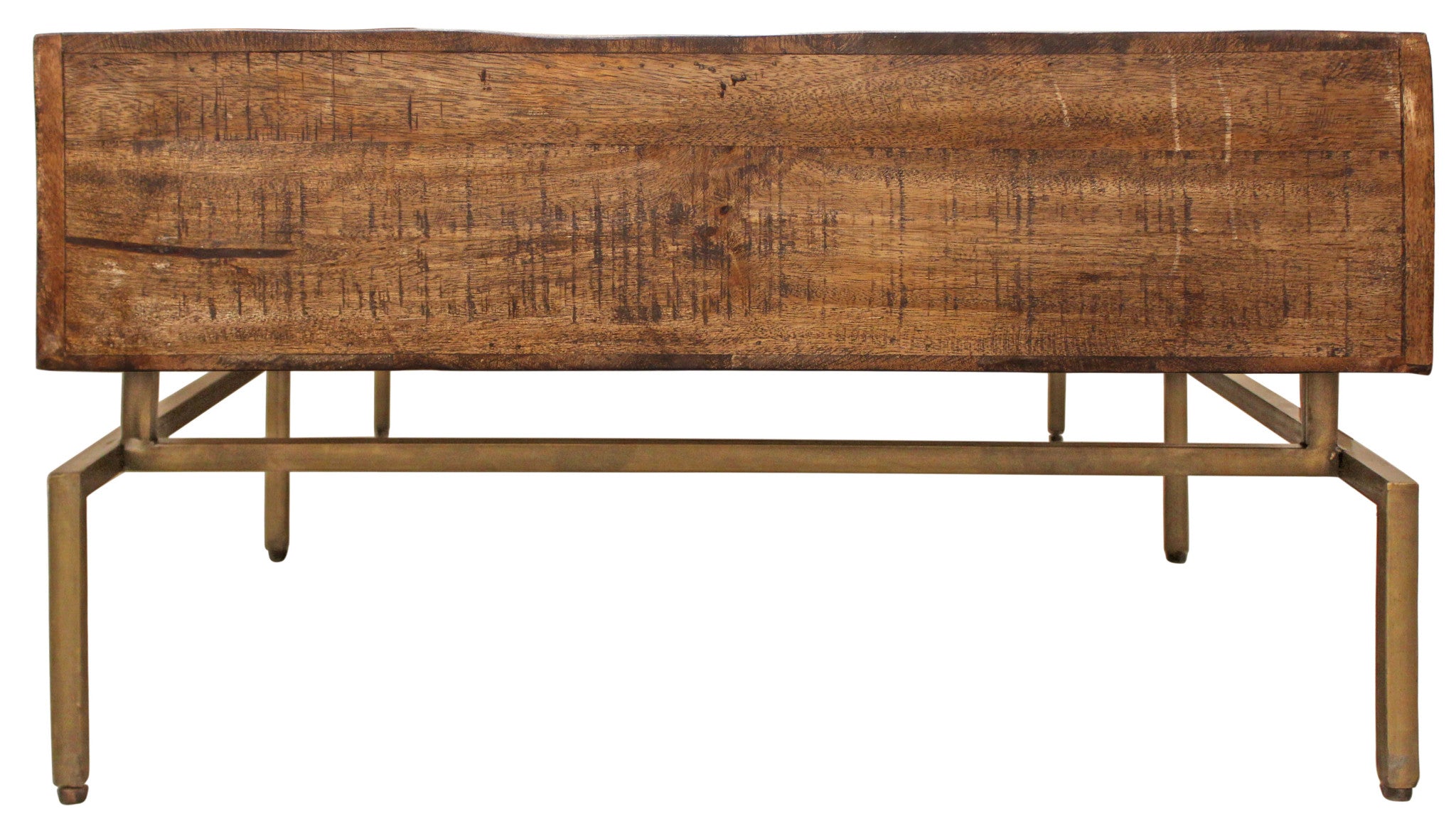 56 英寸黃銅和棕色實木矩形仿舊儲物咖啡桌