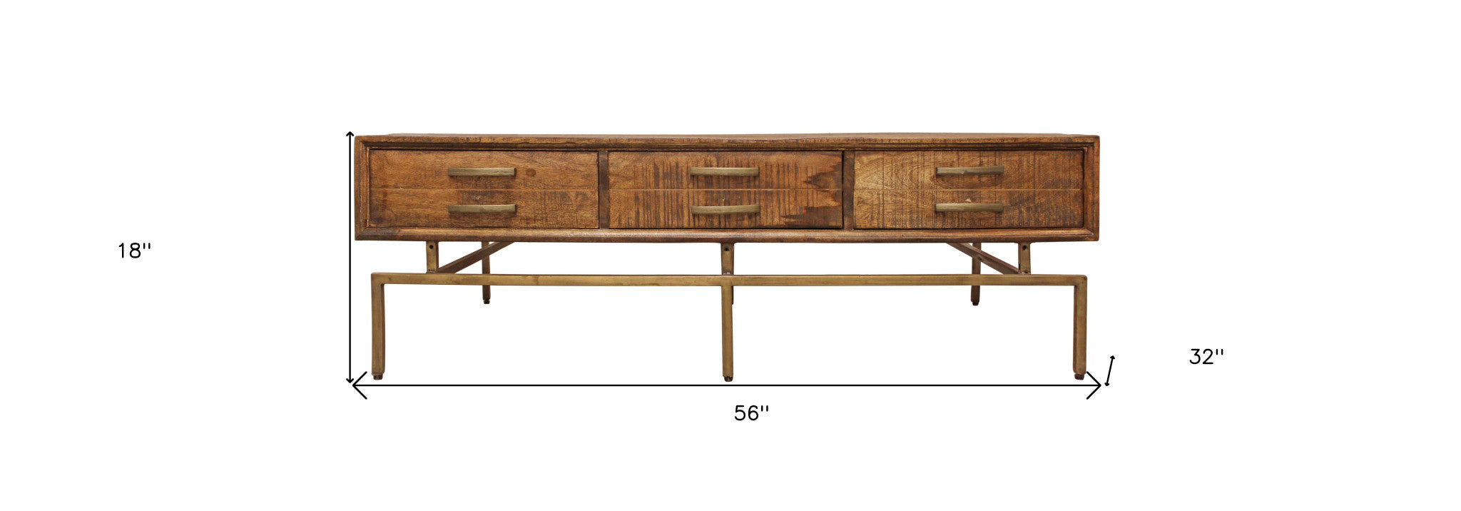 56 英寸黃銅和棕色實木矩形仿舊儲物咖啡桌