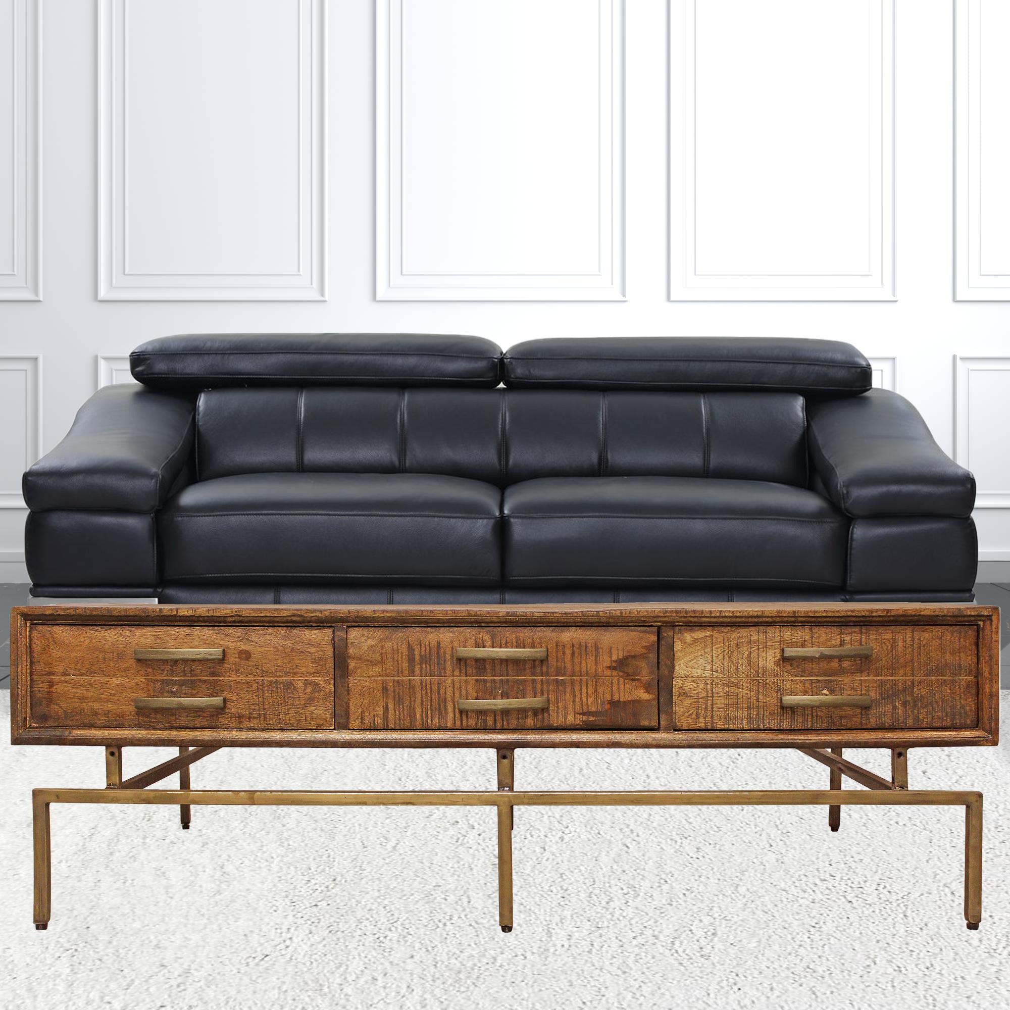 56 英寸黃銅和棕色實木矩形仿舊儲物咖啡桌