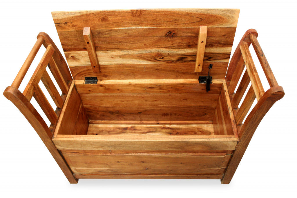 38" Natural Solid Wood Entryway Bench With Flip Top and High Sides