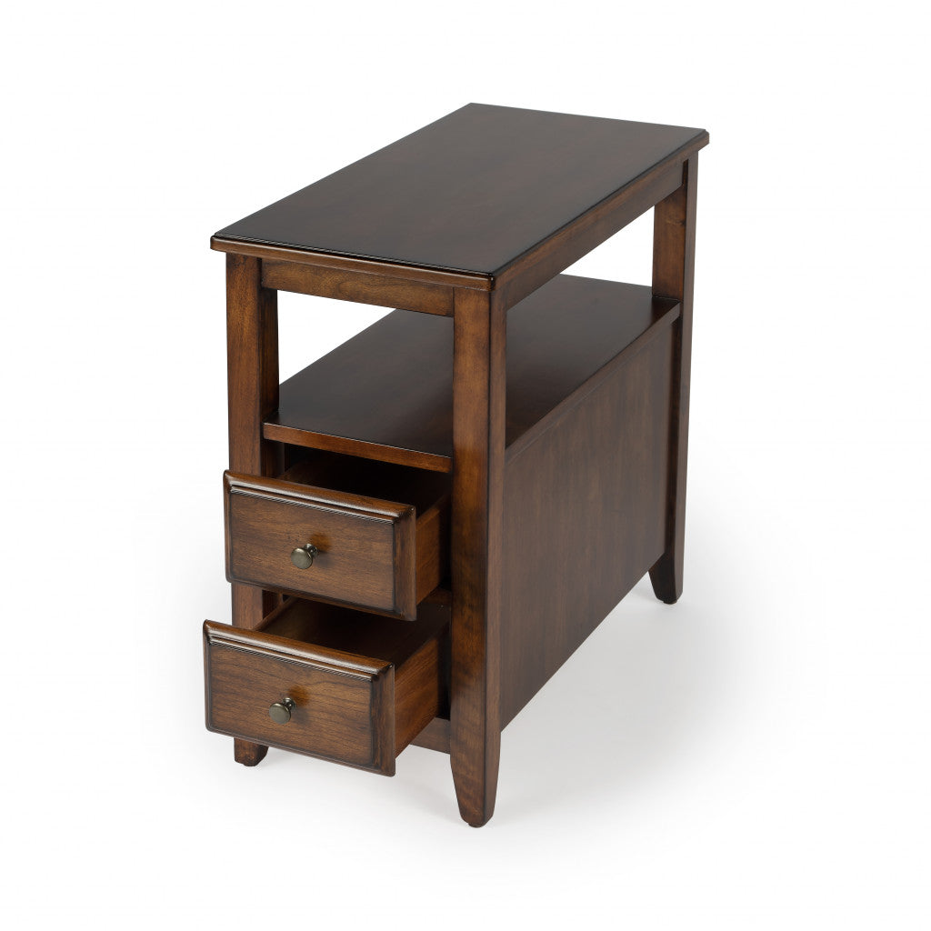24" Cherry Brown Narrow End Table With Two Drawers And Shelf