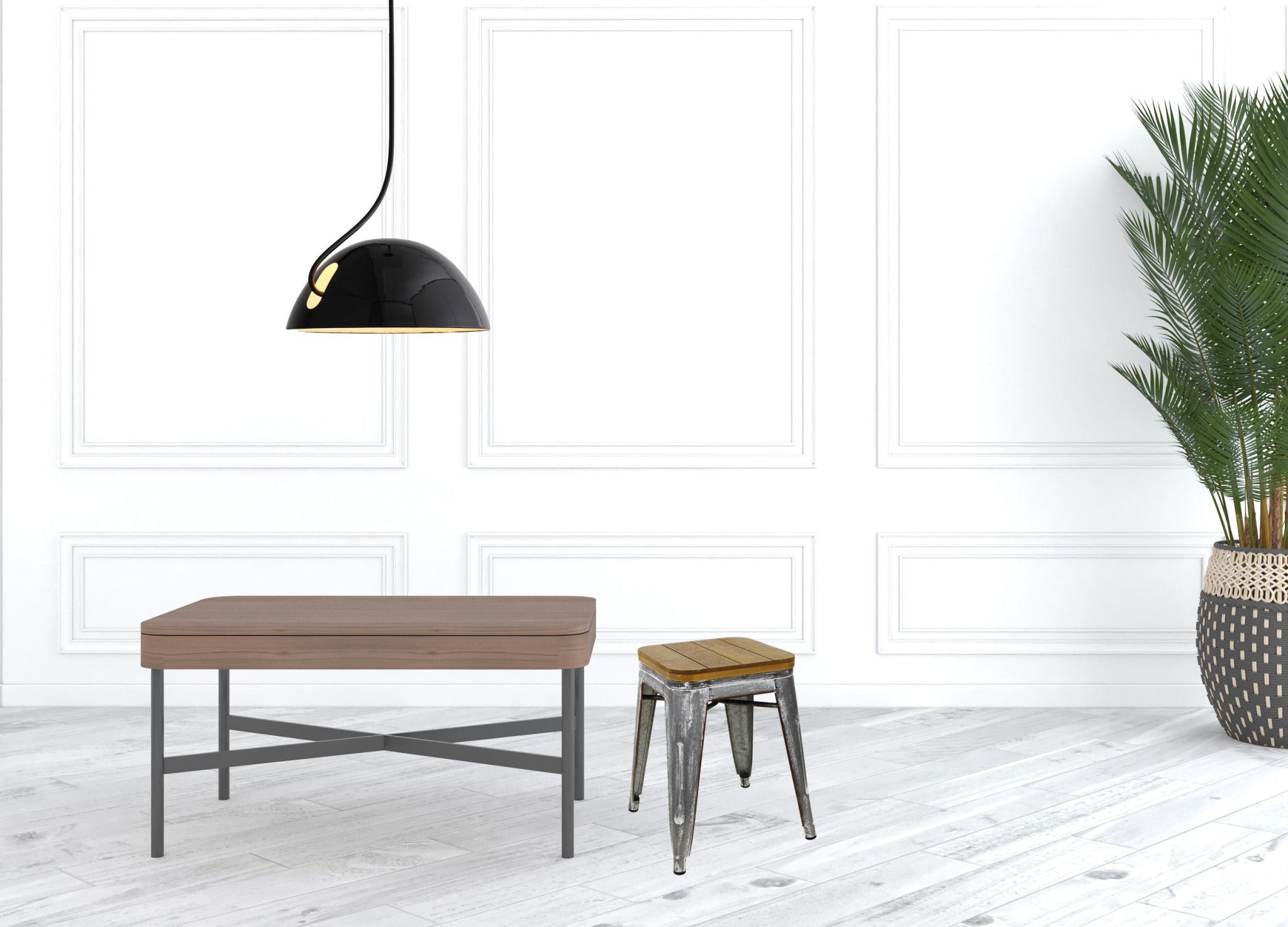 18" Wood Brown And Gray Galvanized Metal Backless Chair