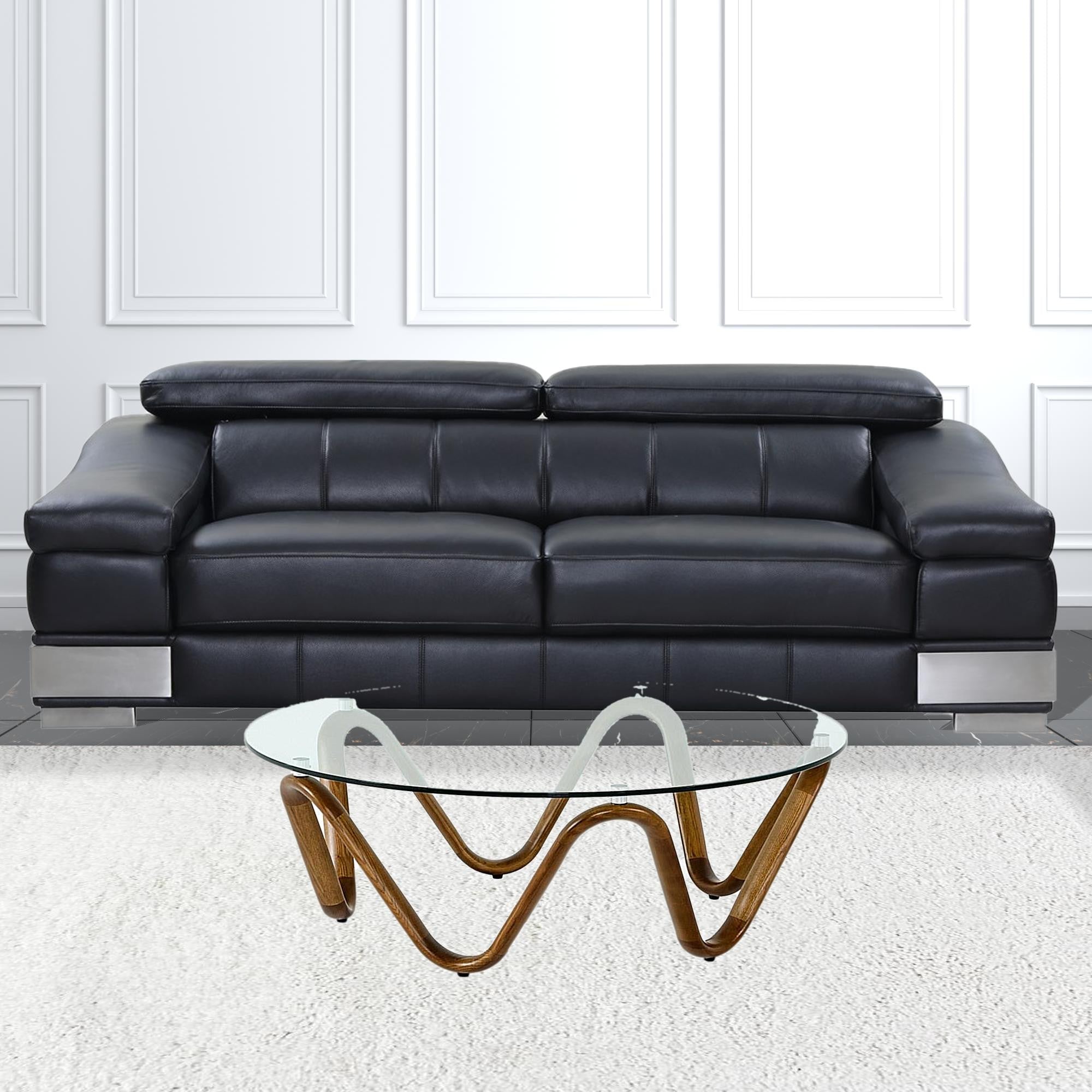 Mesa de centro redonda abstracta de madera de nogal y vidrio transparente de 45"