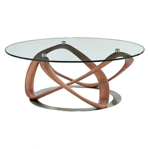 39" Walnut And Clear Glass Abstract Round Coffee Table