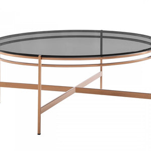 35" Gold And Smoked Glass Round Coffee Table
