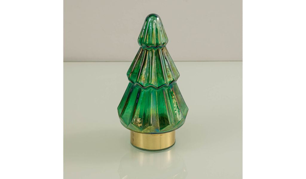 9" Green And Gold Glass Christmas Tree Sculpture