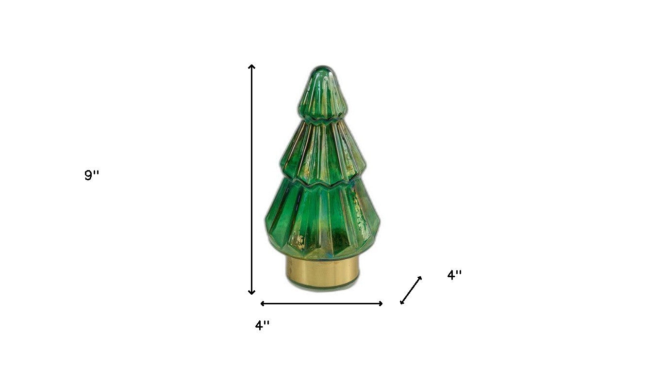 9" Green And Gold Glass Christmas Tree Sculpture