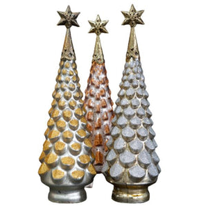 Set Of Three 18" Metallic Glitter Glass Christmas Hand Painted Sculptures