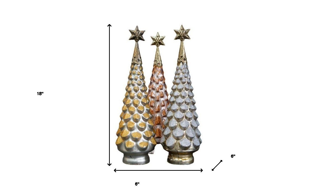 Set Of Three 18" Metallic Glitter Glass Christmas Hand Painted Sculptures