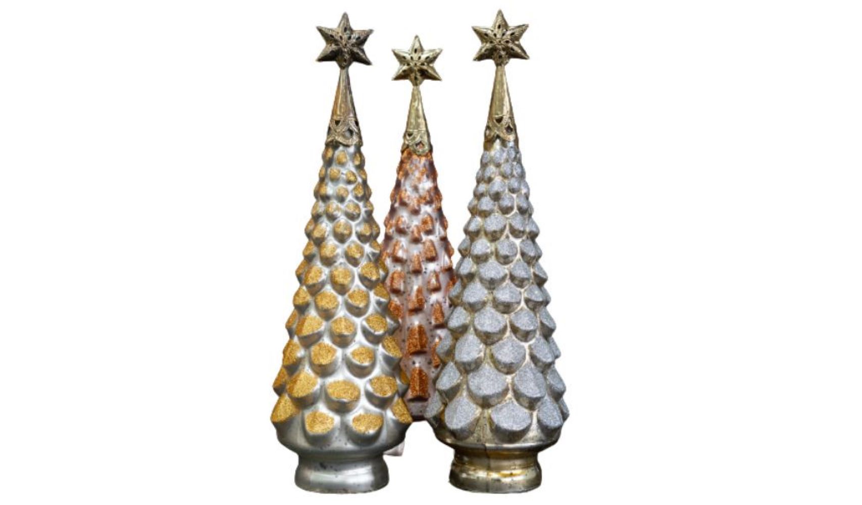 Set Of Three 18" Metallic Glitter Glass Christmas Hand Painted Sculptures