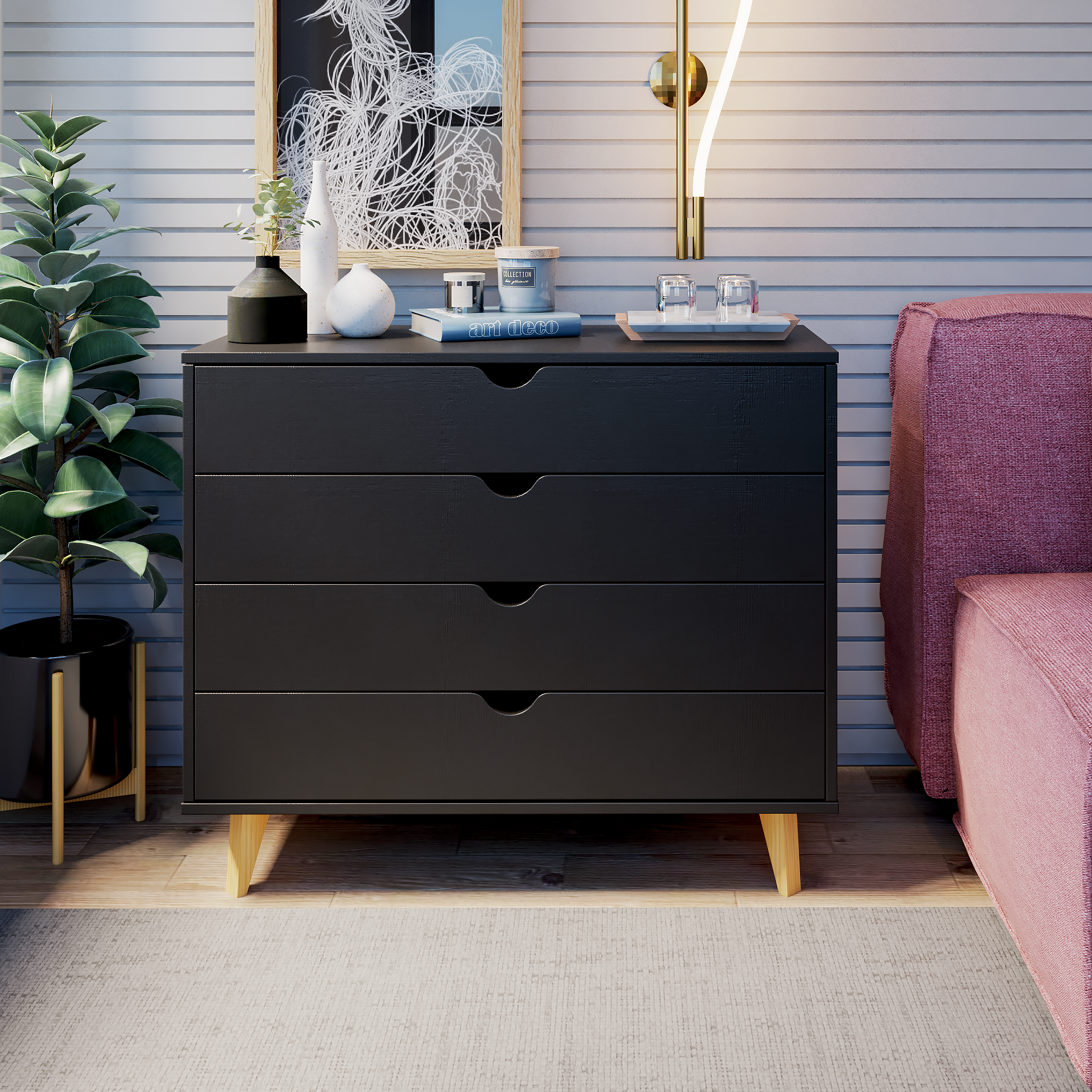 35" Black Solid Wood Four Drawer Standard Dresser