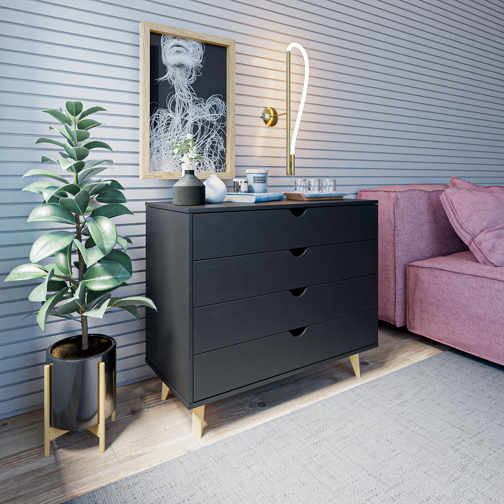 35" Black Solid Wood Four Drawer Standard Dresser