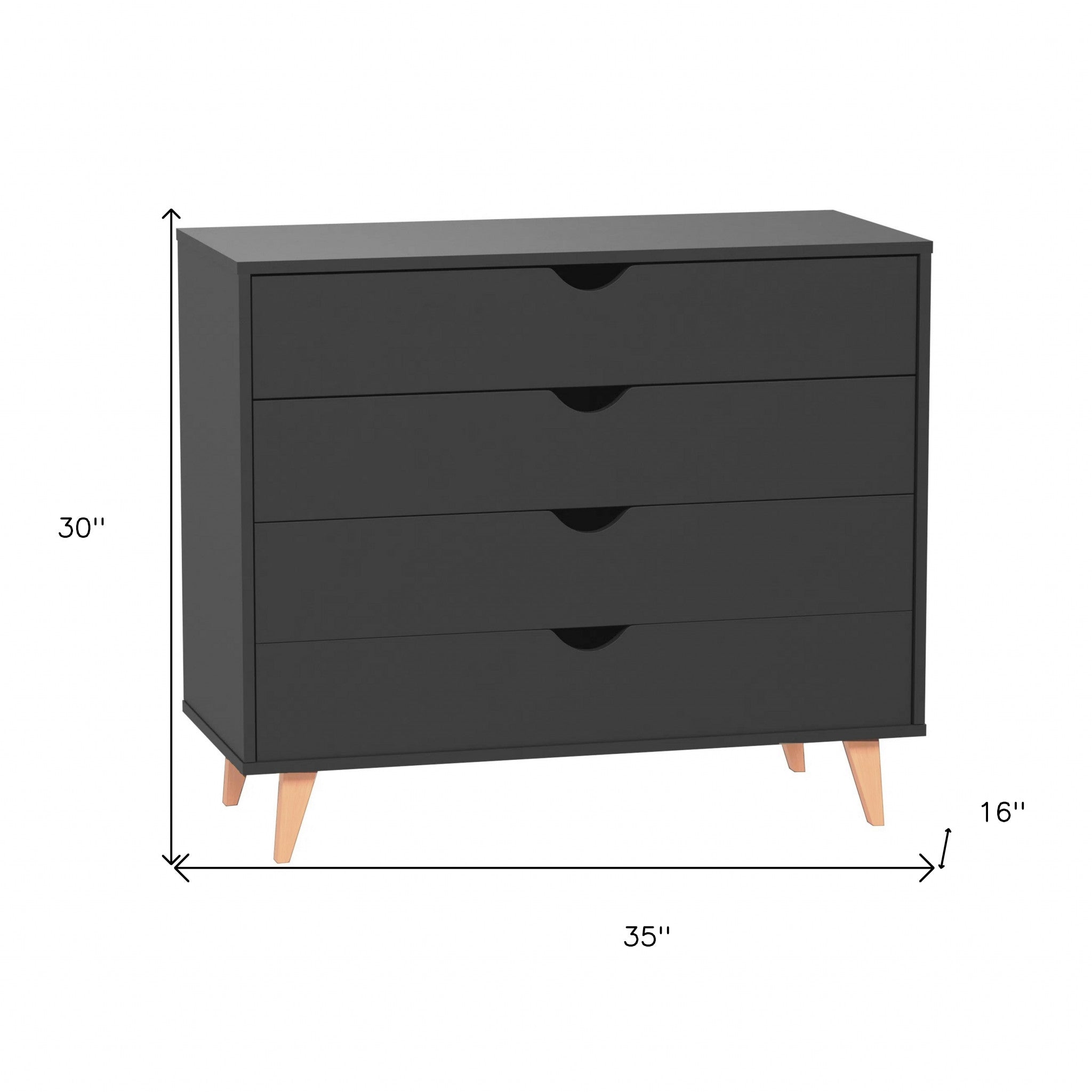 35" Black Solid Wood Four Drawer Standard Dresser
