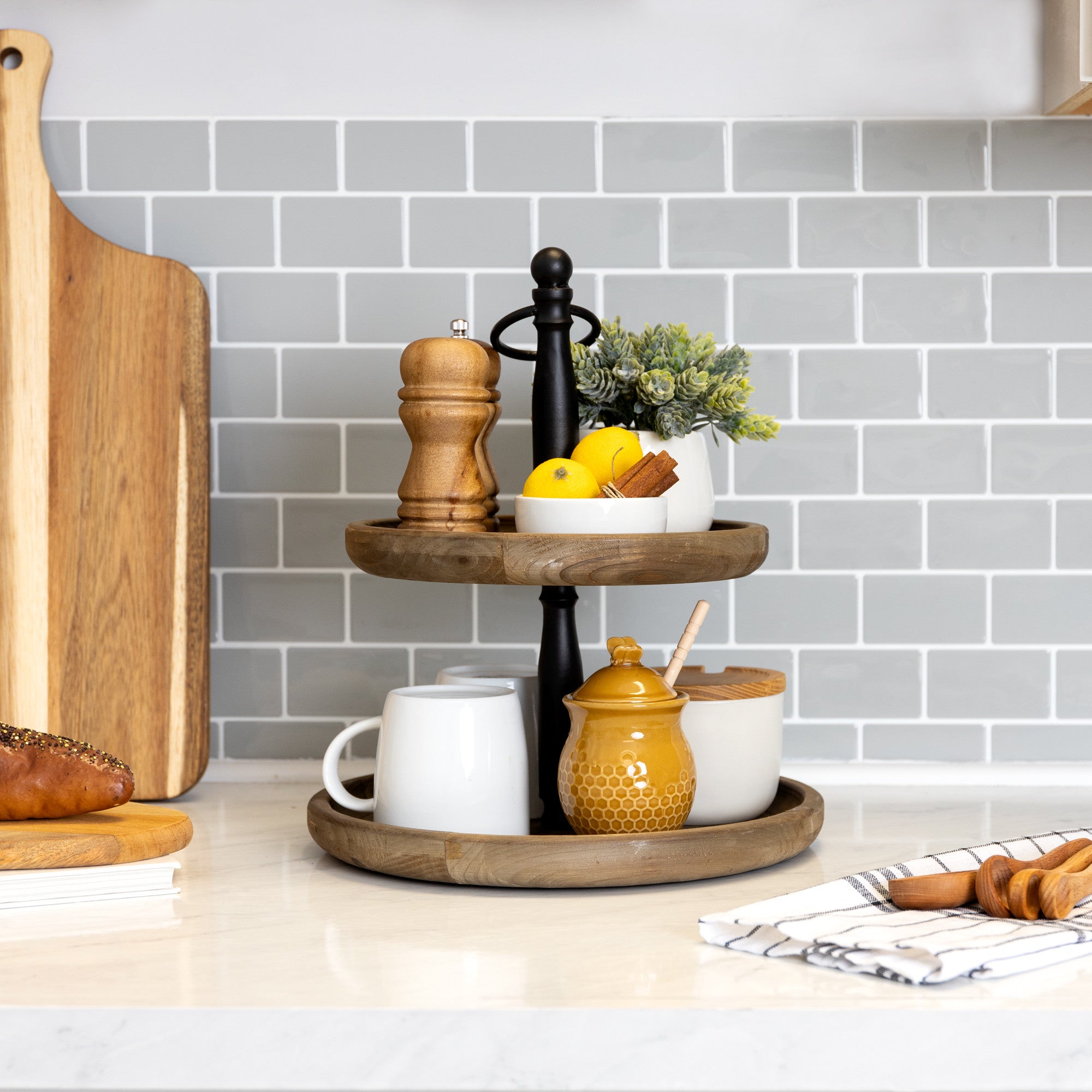 Dark Natural Wood Round Two Tier Solid Wood Tray 12"