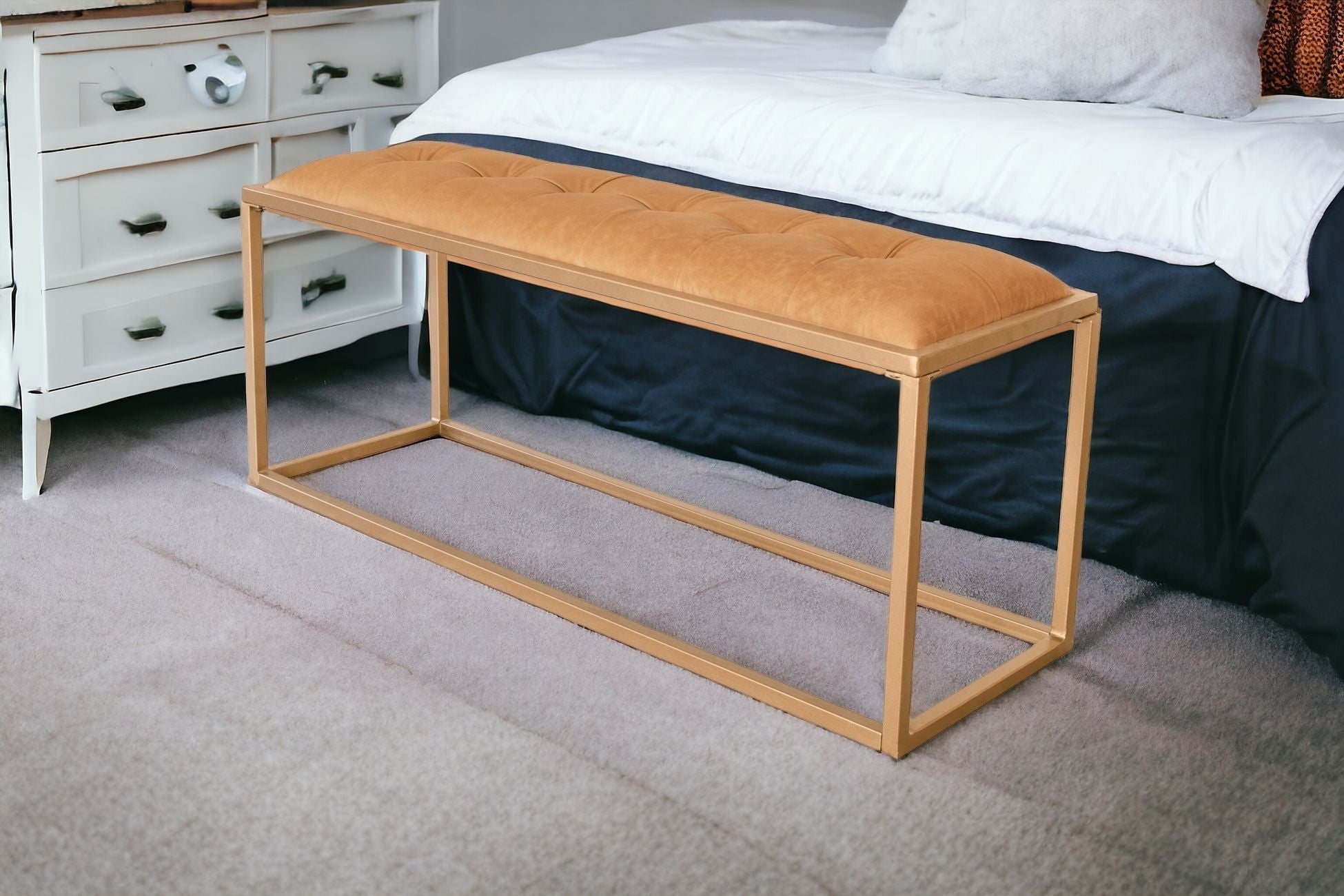 43" Gold And Brown Upholstered Genuine Leather Bench